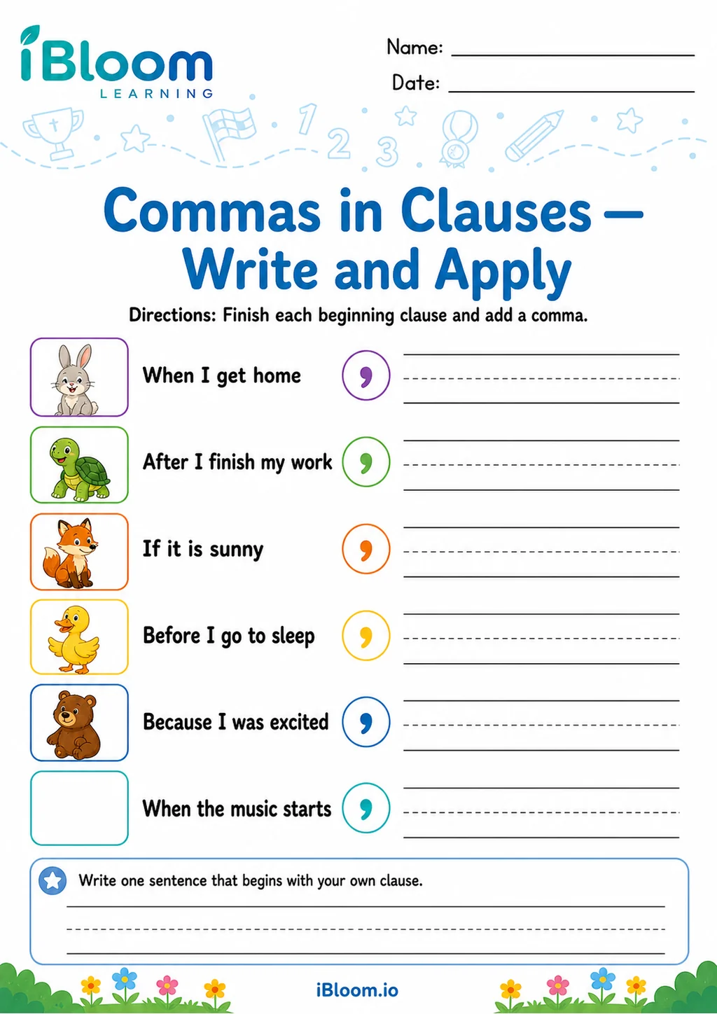 Preview of Commas Clauses — Write and Apply worksheet