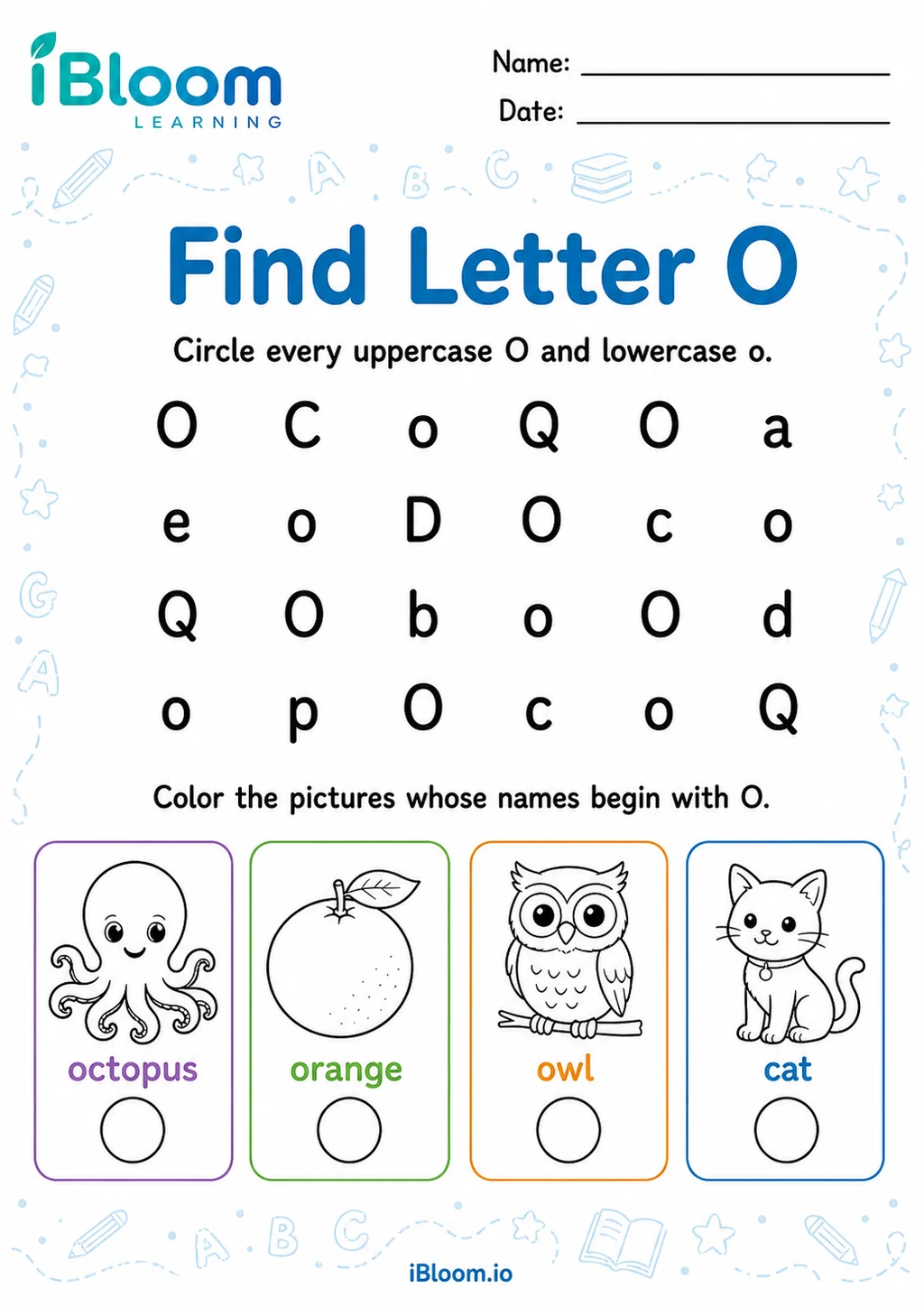 Letter O — Recognize the Skill printable Grade 1 worksheet preview