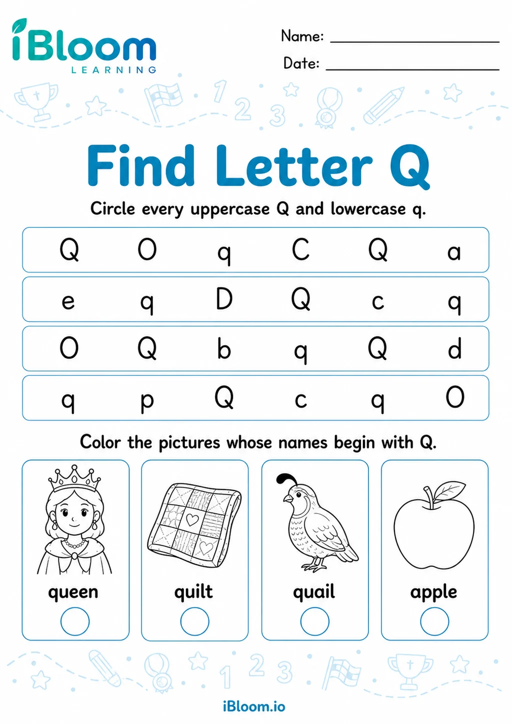 Letter Q — Recognize the Skill printable Grade 1 worksheet preview