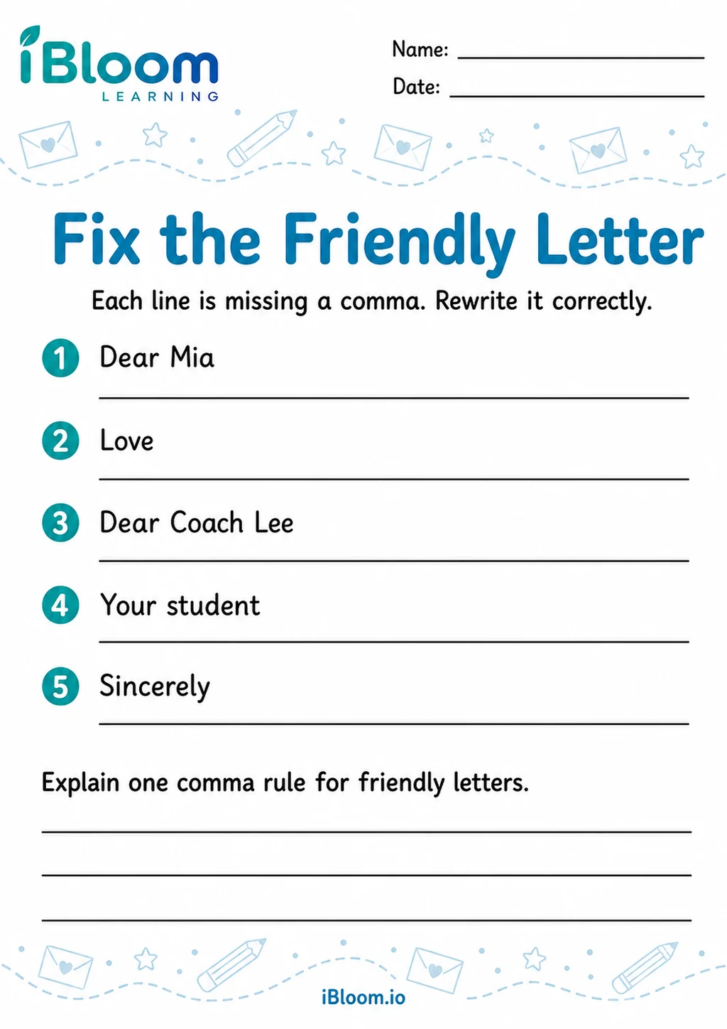 Preview of Commas Letters — Edit and Correct worksheet
