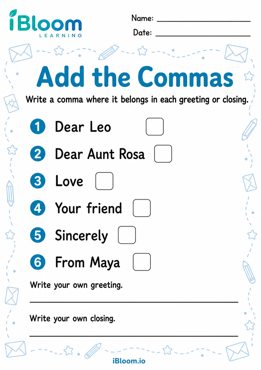 Commas Letters — Guided Completion printable Grade 2 worksheet preview