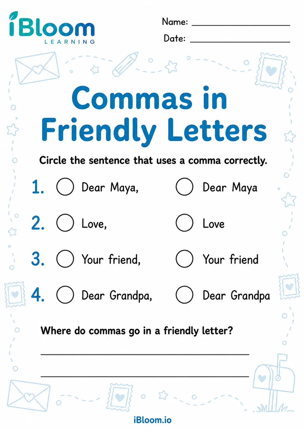 Preview page 1 of Commas Letters — Recognize the Skill