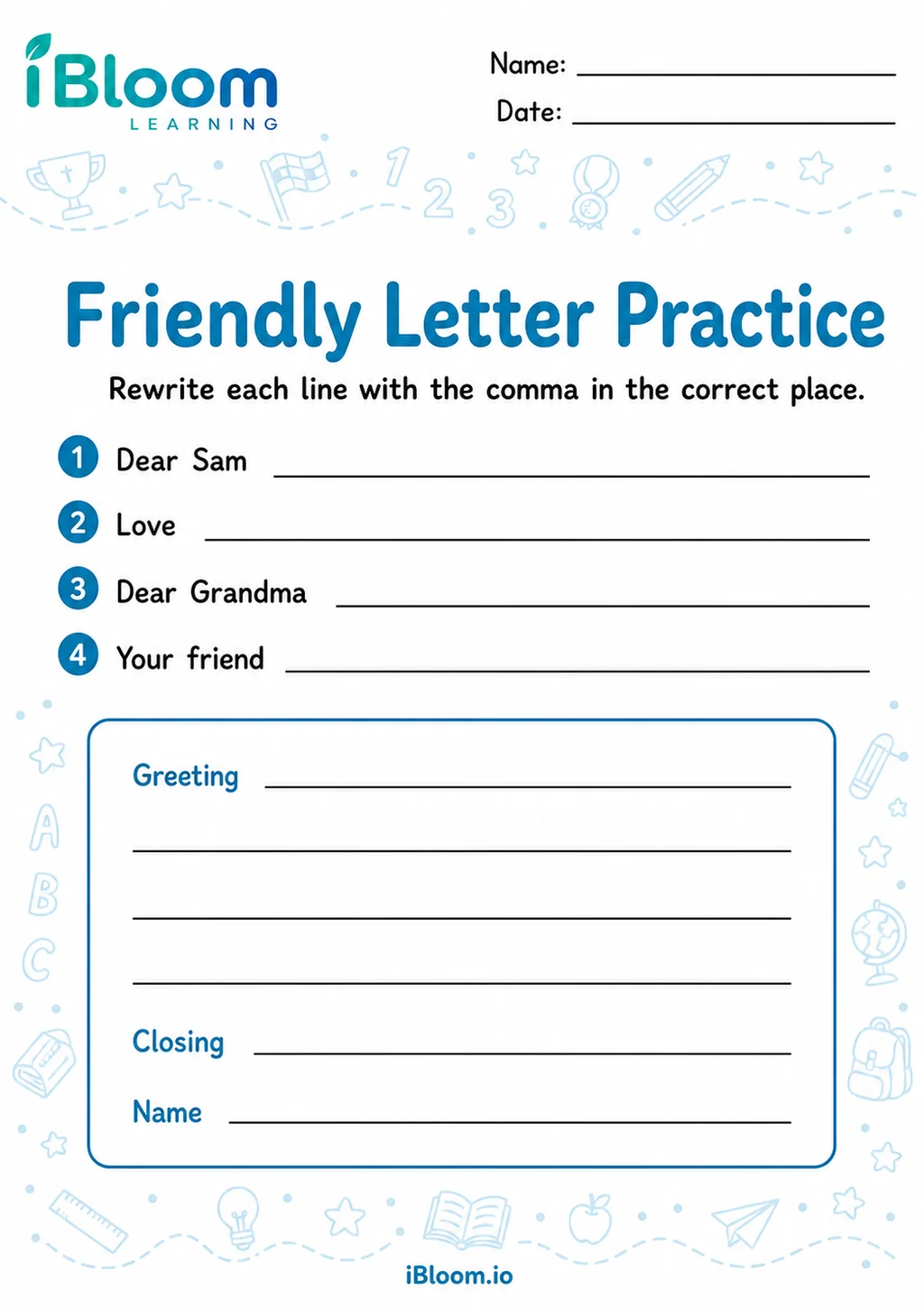 Preview of Commas Letters — Sentence Practice worksheet