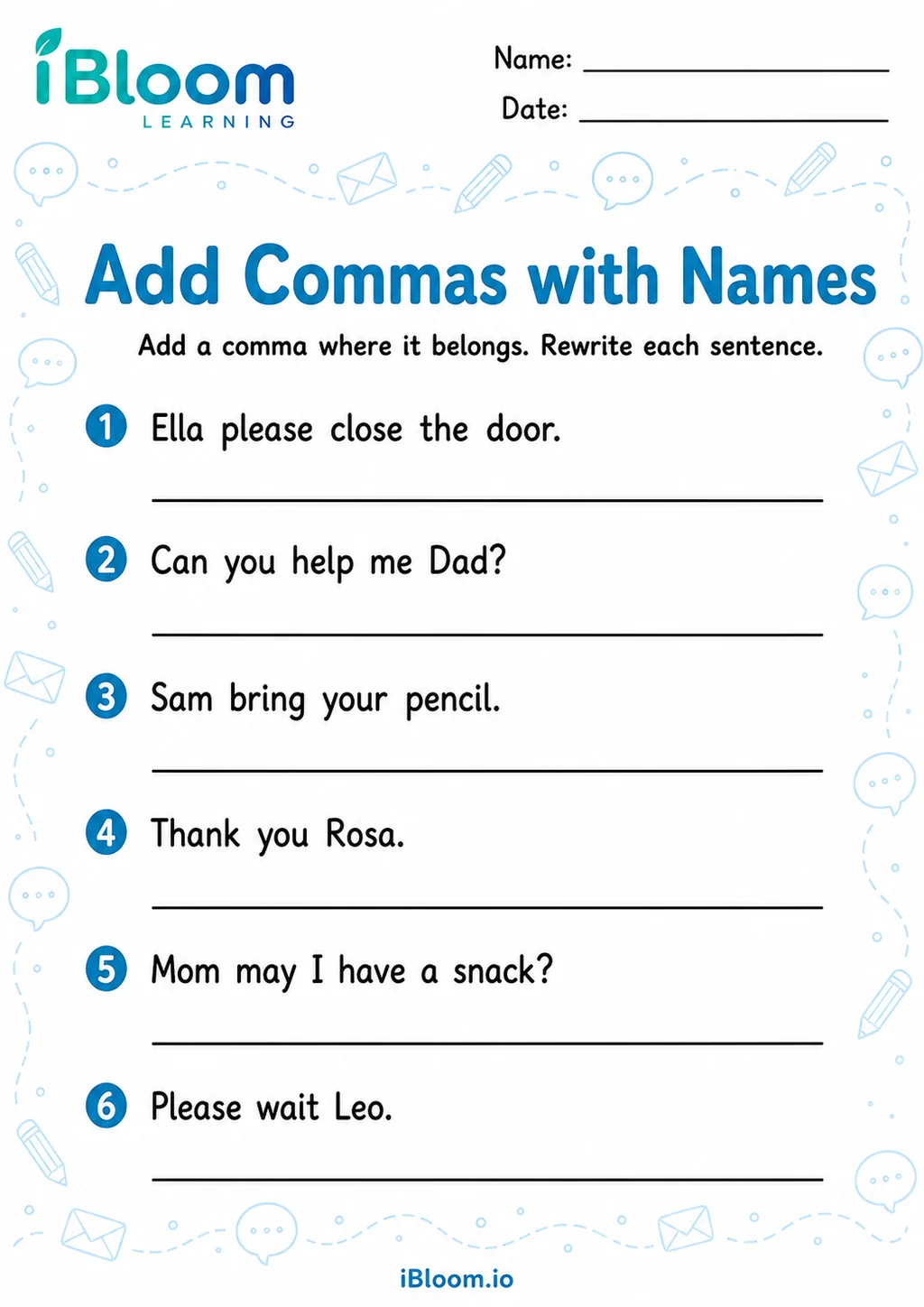 Commas Names — Guided Completion printable Grade 2 worksheet preview
