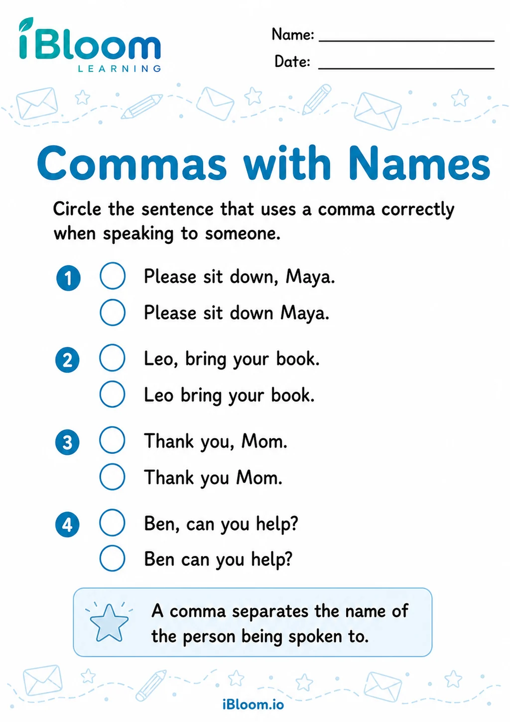 Preview page 1 of Commas Names — Recognize the Skill