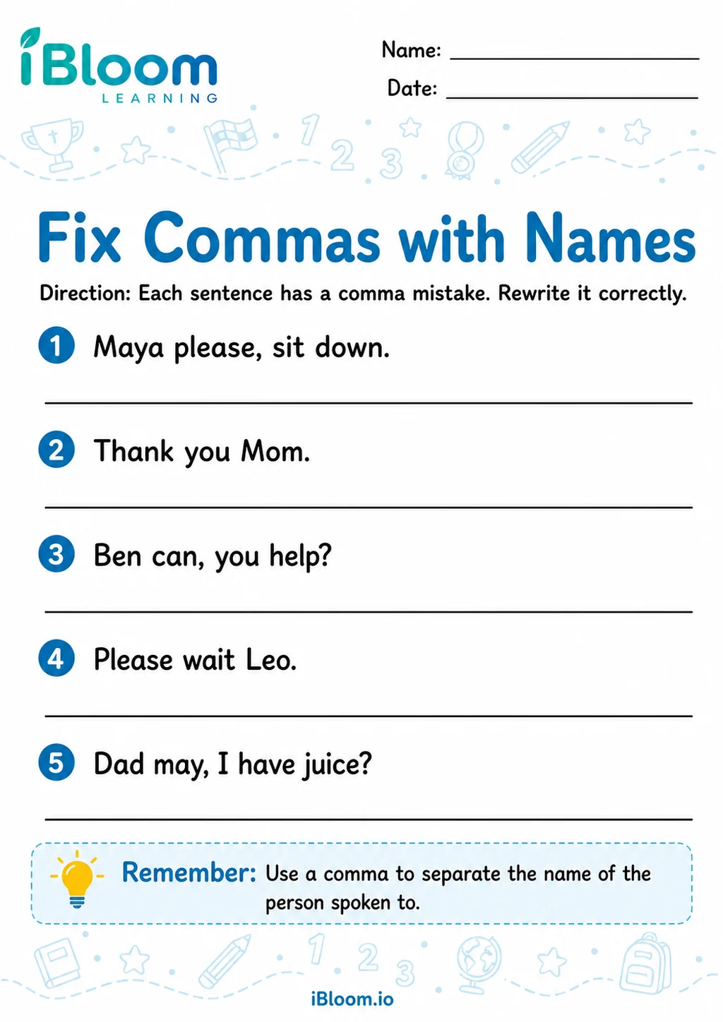 Preview of Commas Names — Edit and Correct worksheet