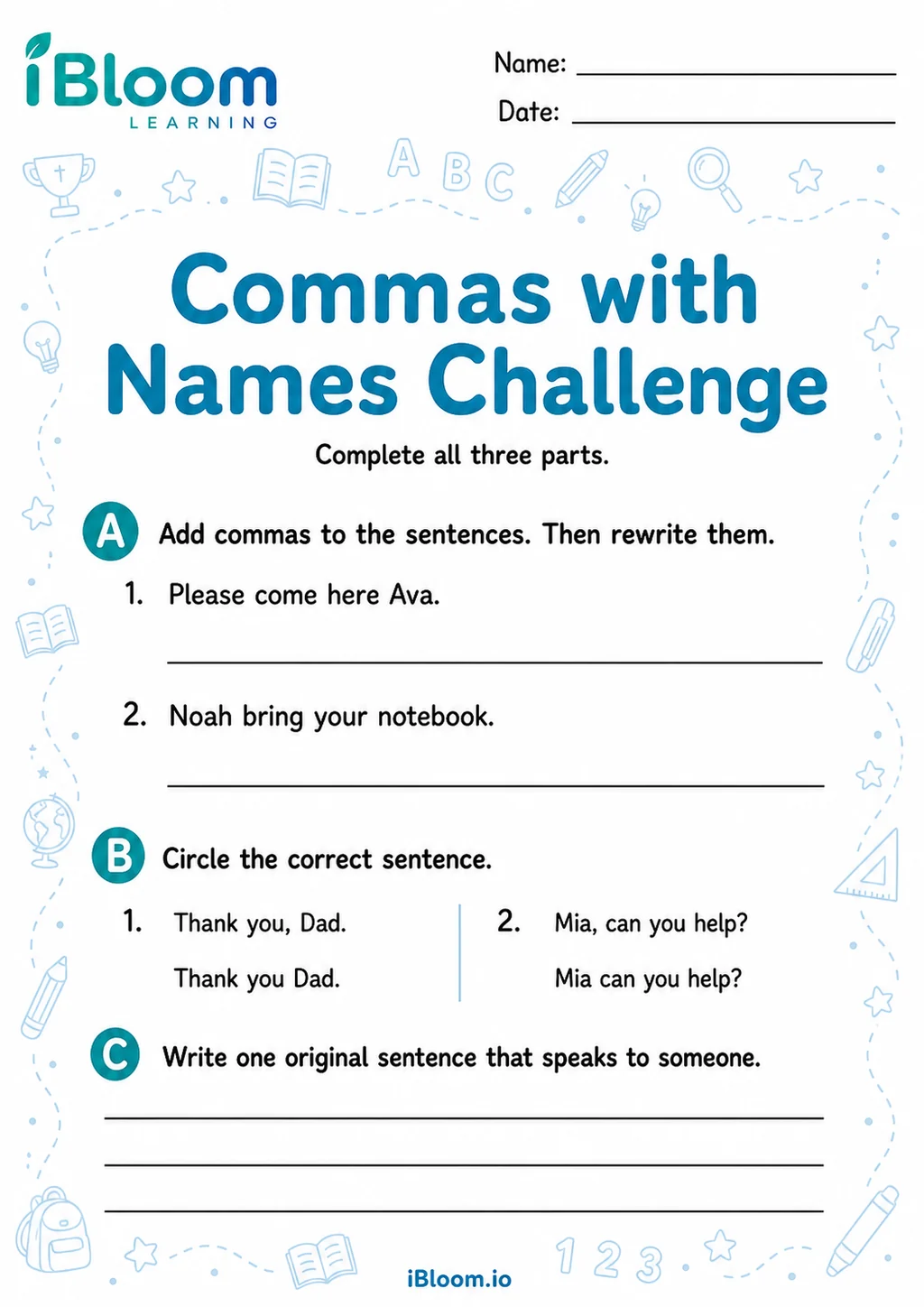 Preview page 1 of Commas Names — Mixed Review and Challenge