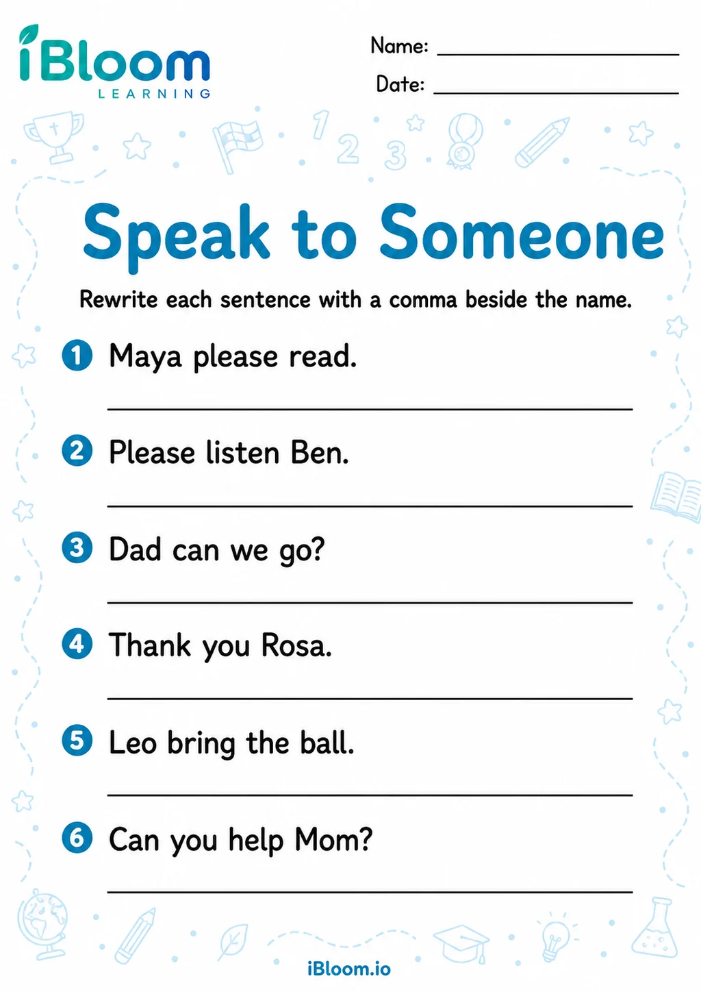 Preview of Commas Names — Sentence Practice worksheet