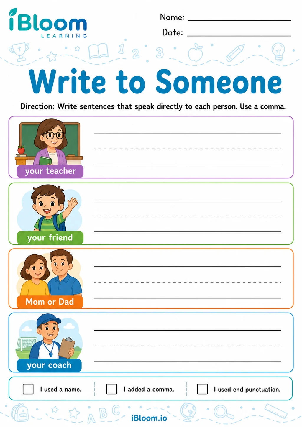 Preview of Commas Names — Write and Apply worksheet