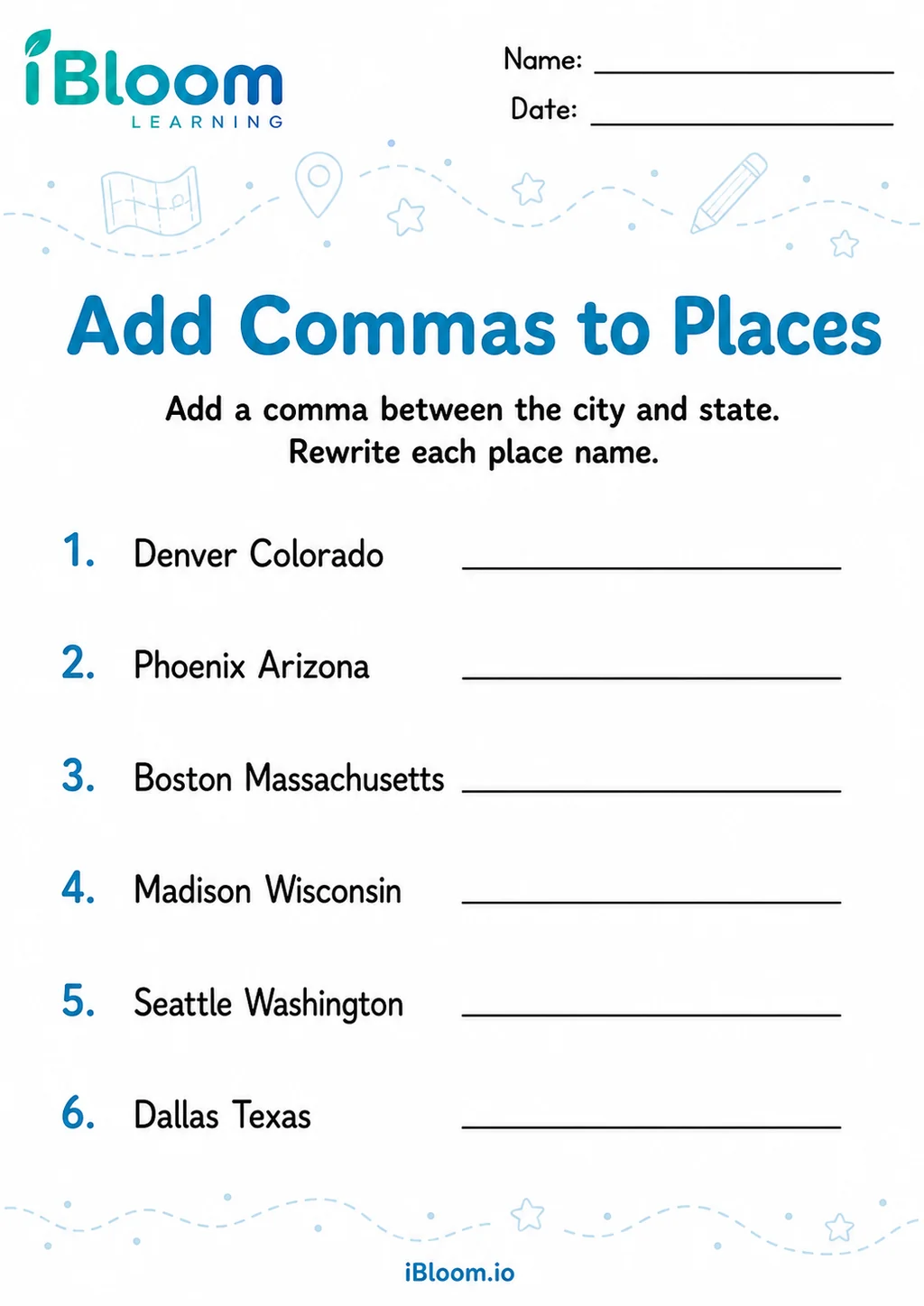Preview page 1 of Commas Place Names — Guided Completion