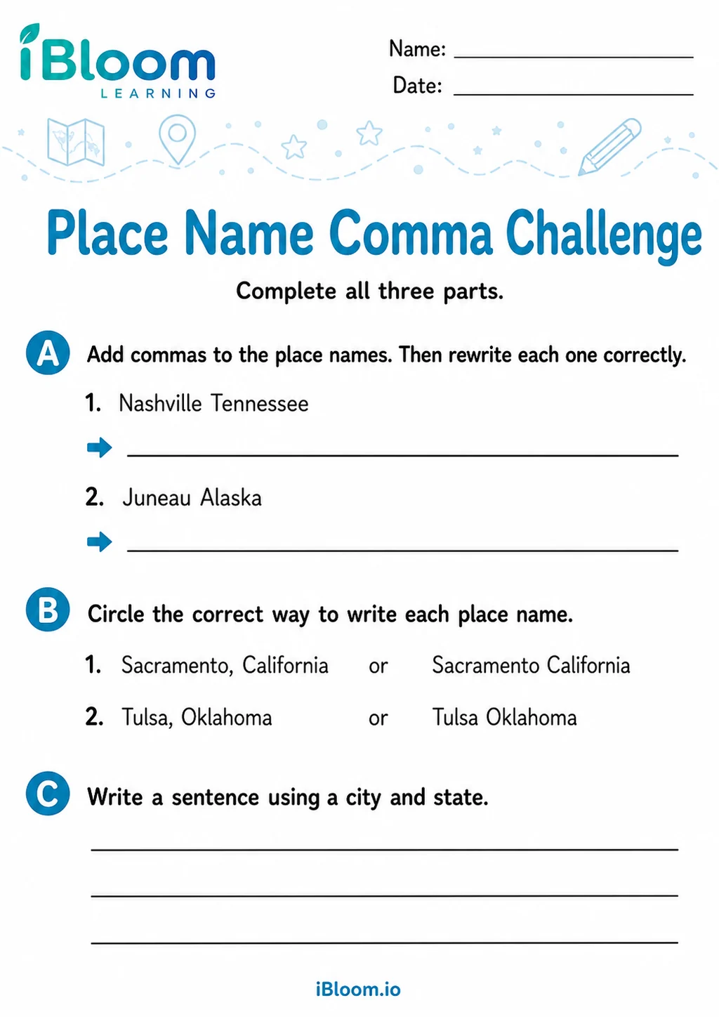 Preview page 1 of Commas Place Names — Mixed Review and Challenge