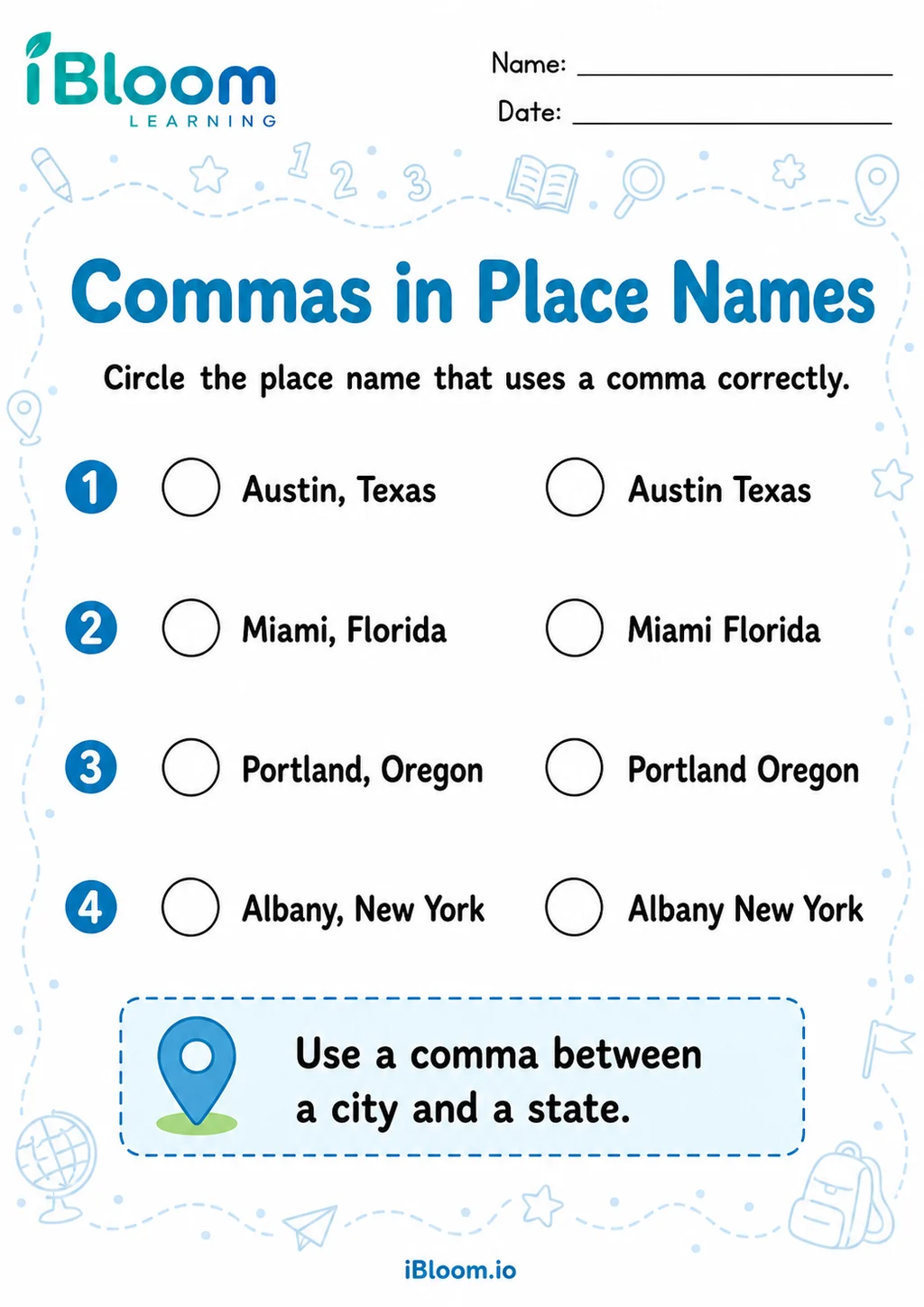 Preview of Commas Place Names — Recognize the Skill worksheet