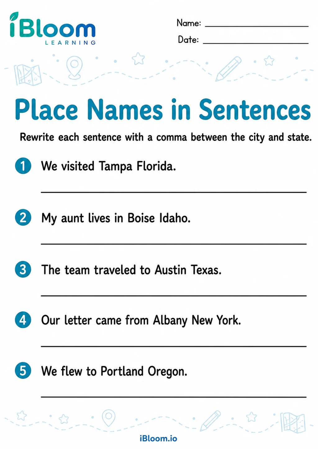 Preview page 1 of Commas Place Names — Sentence Practice