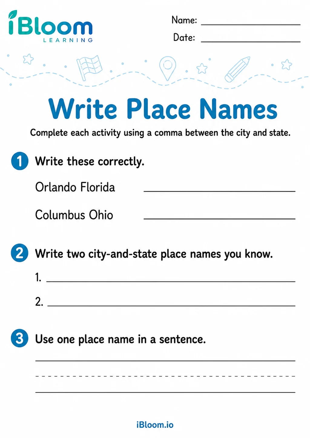 Preview of Commas Place Names — Write and Apply worksheet