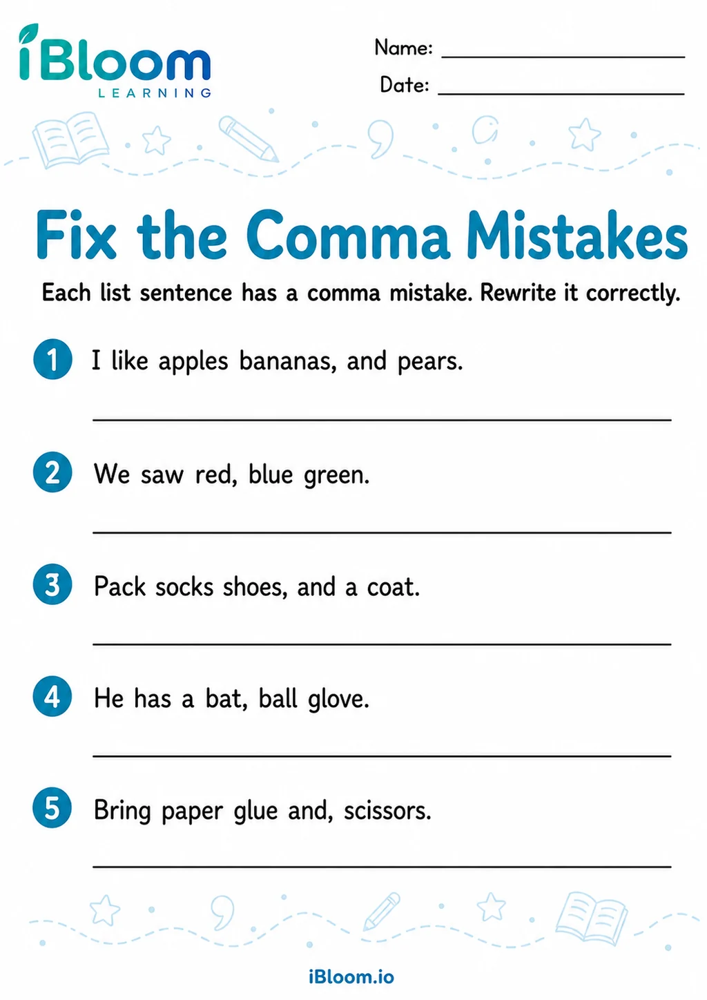 Preview page 1 of Commas Sentences — Edit and Correct