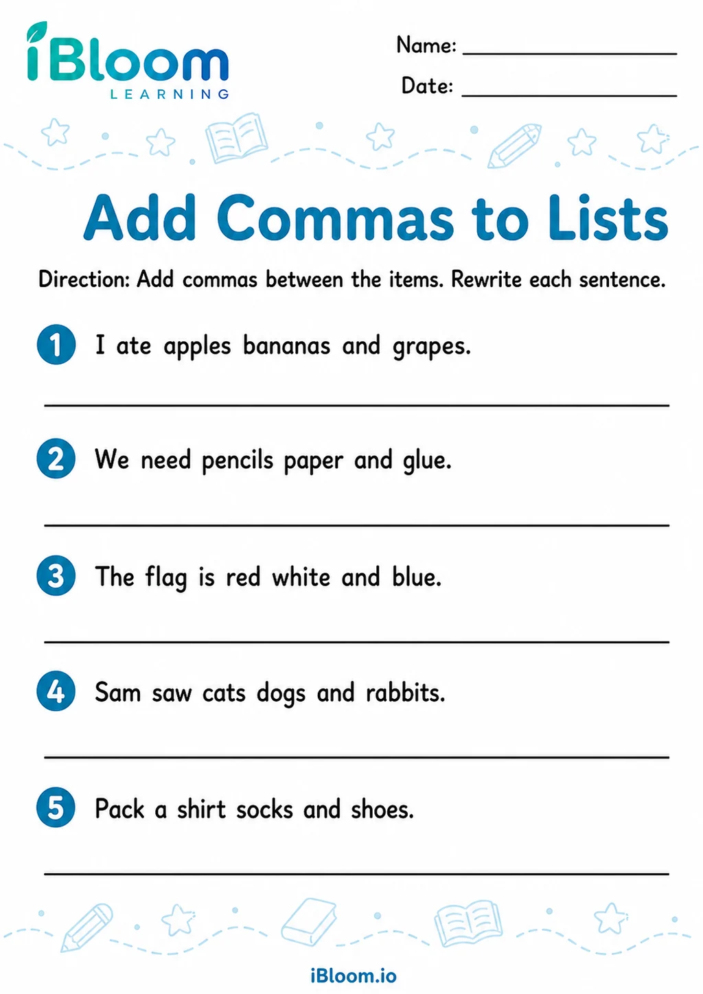 Preview page 1 of Commas Sentences — Guided Completion
