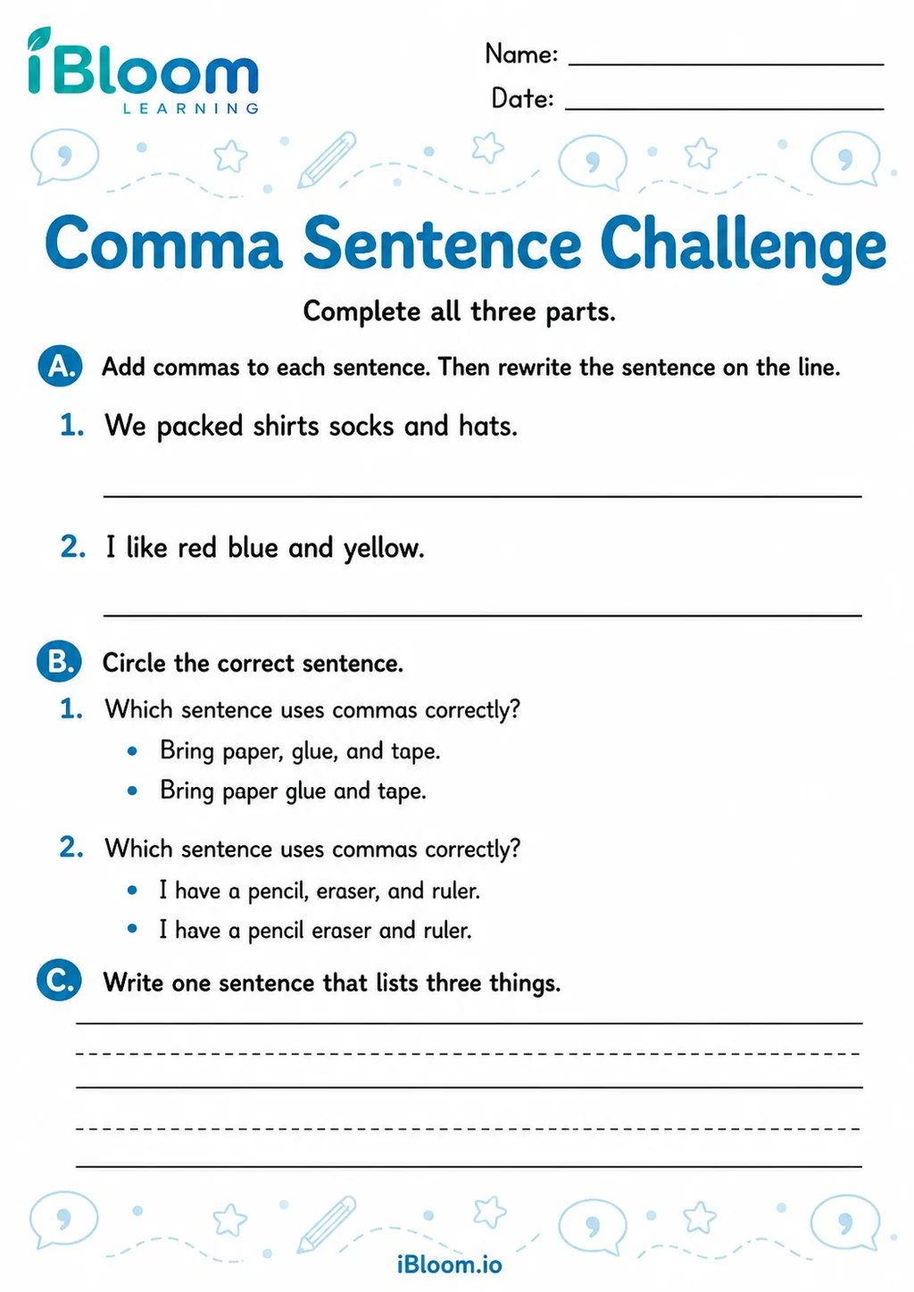 Preview of Commas Sentences — Mixed Review and Challenge worksheet