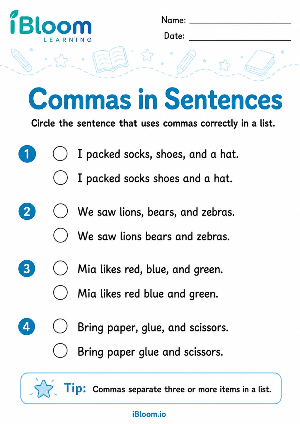 Commas Sentences — Recognize the Skill printable Grade 2 worksheet preview