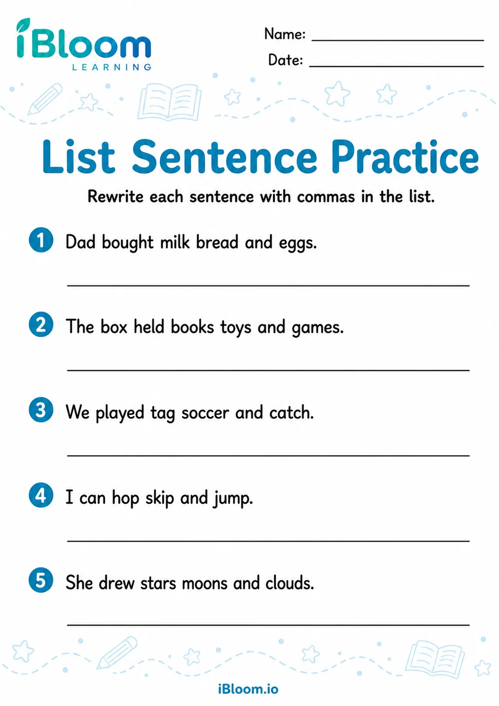 Preview of Commas Sentences — Sentence Practice worksheet