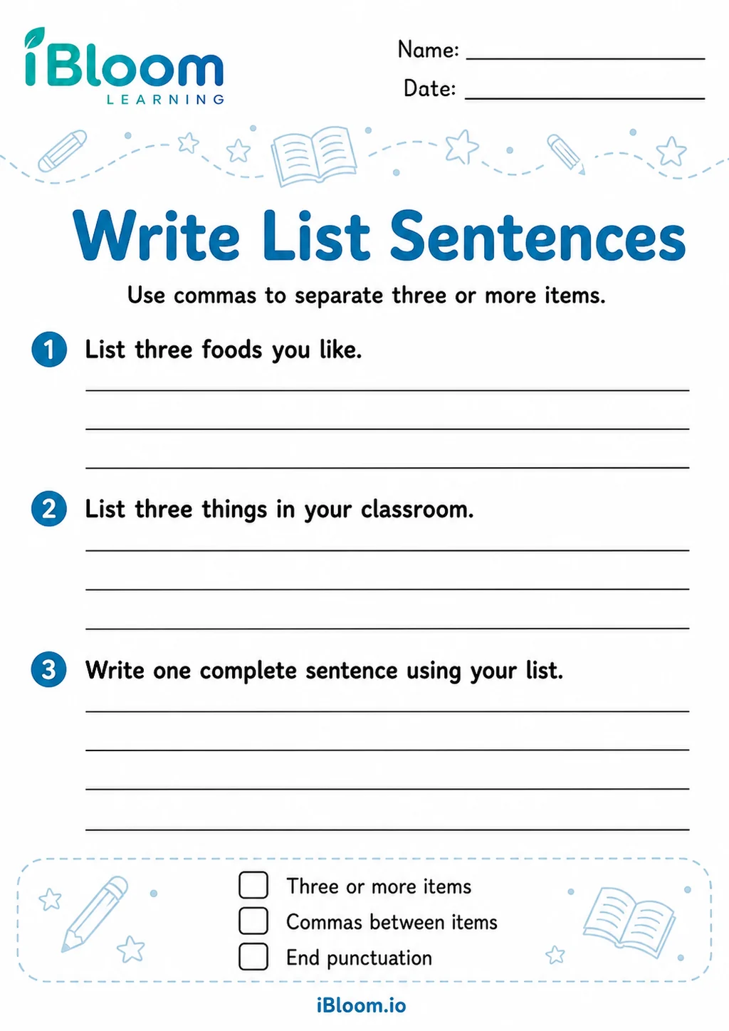 Preview of Commas Sentences — Write and Apply worksheet