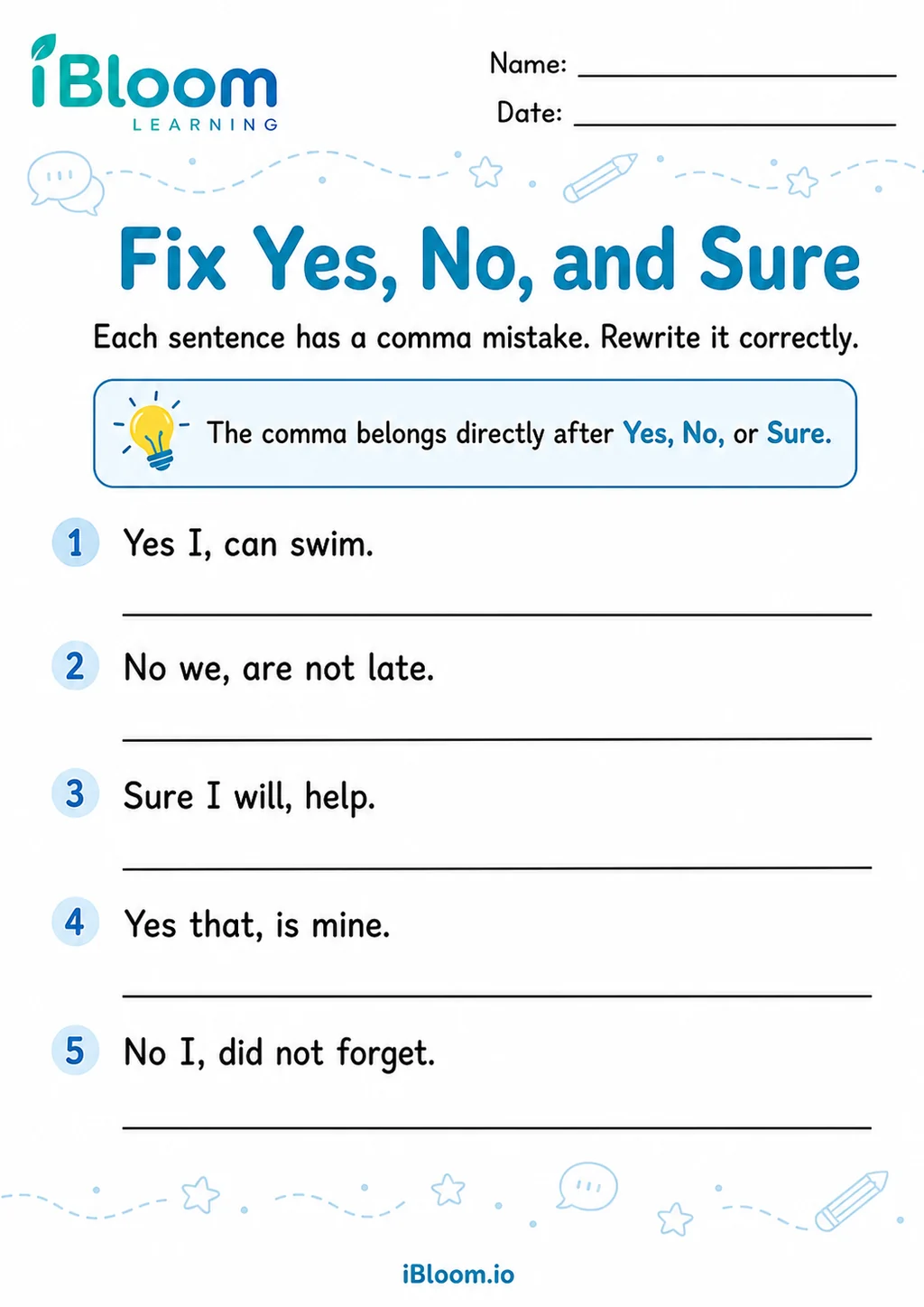 Preview of Commas Yes No Sure — Edit and Correct worksheet