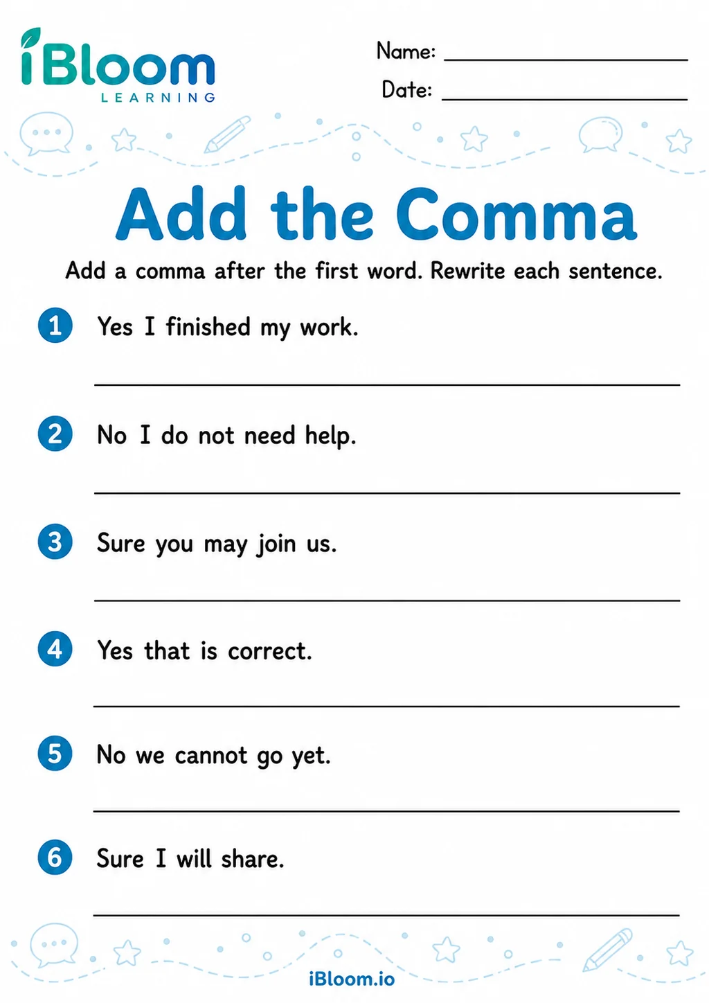 Preview page 1 of Commas Yes No Sure — Guided Completion