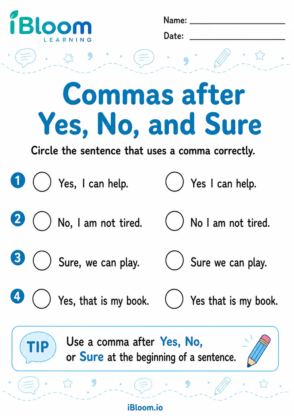 Preview of Commas Yes No Sure — Recognize the Skill worksheet