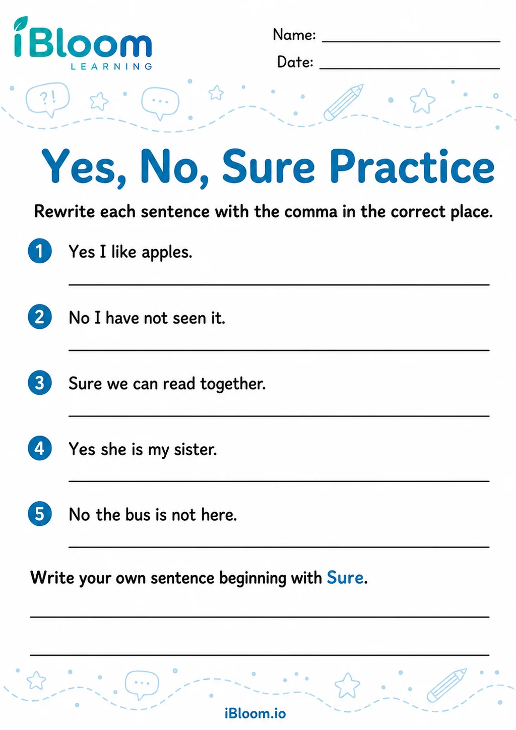 Preview of Commas Yes No Sure — Sentence Practice worksheet