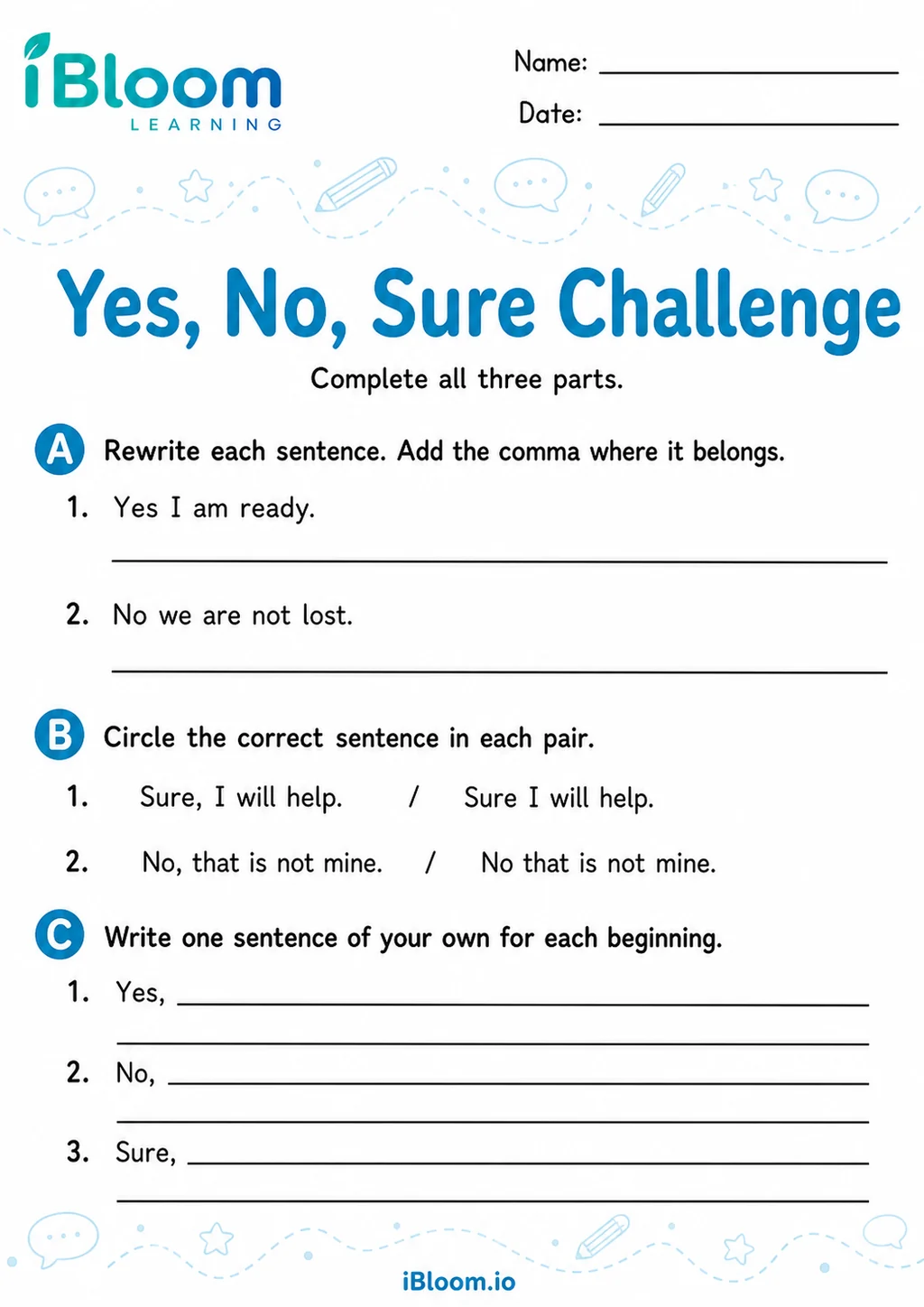 Preview page 1 of Commas Yes No Sure — Mixed Review and Challenge
