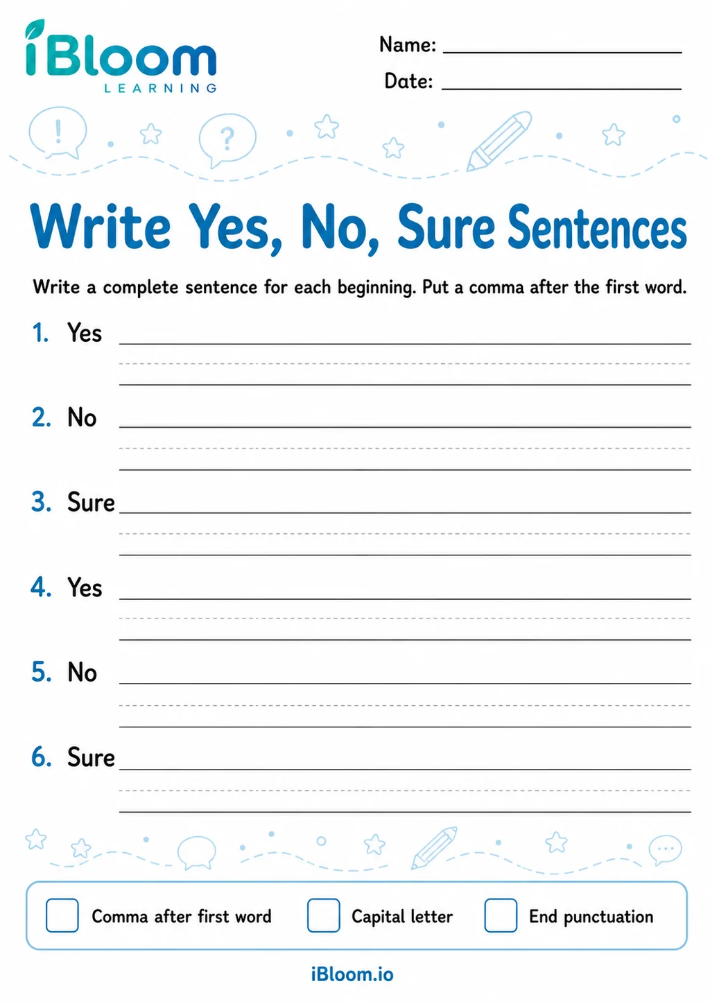 Preview of Commas Yes No Sure — Write and Apply worksheet