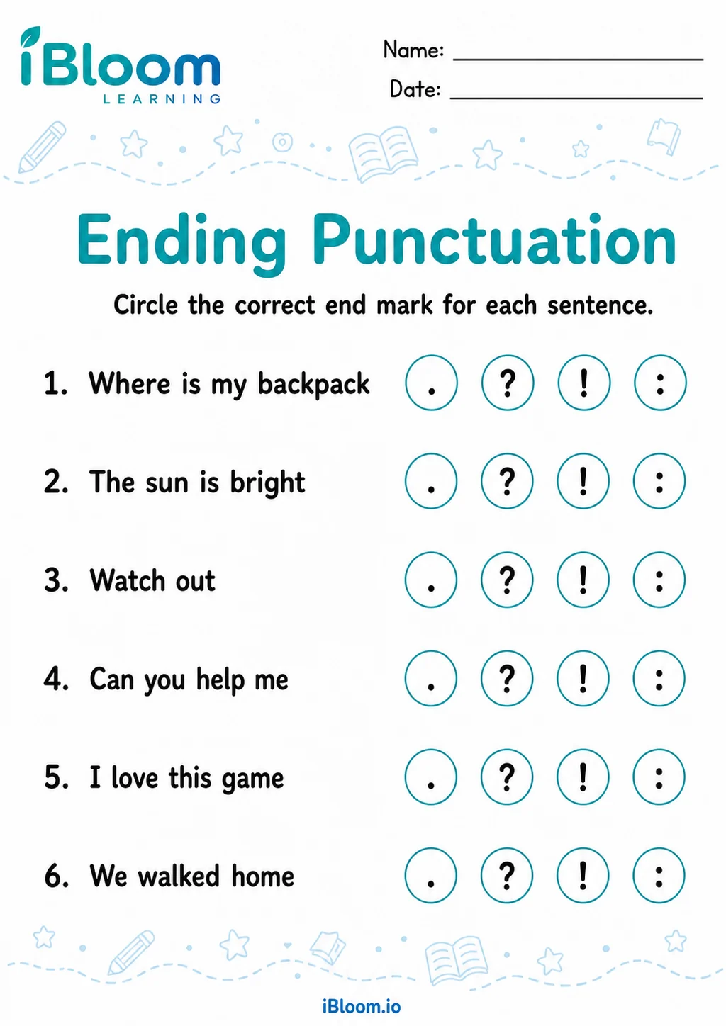 Ending Punctuation — Recognize the Skill printable Grade 2 worksheet preview