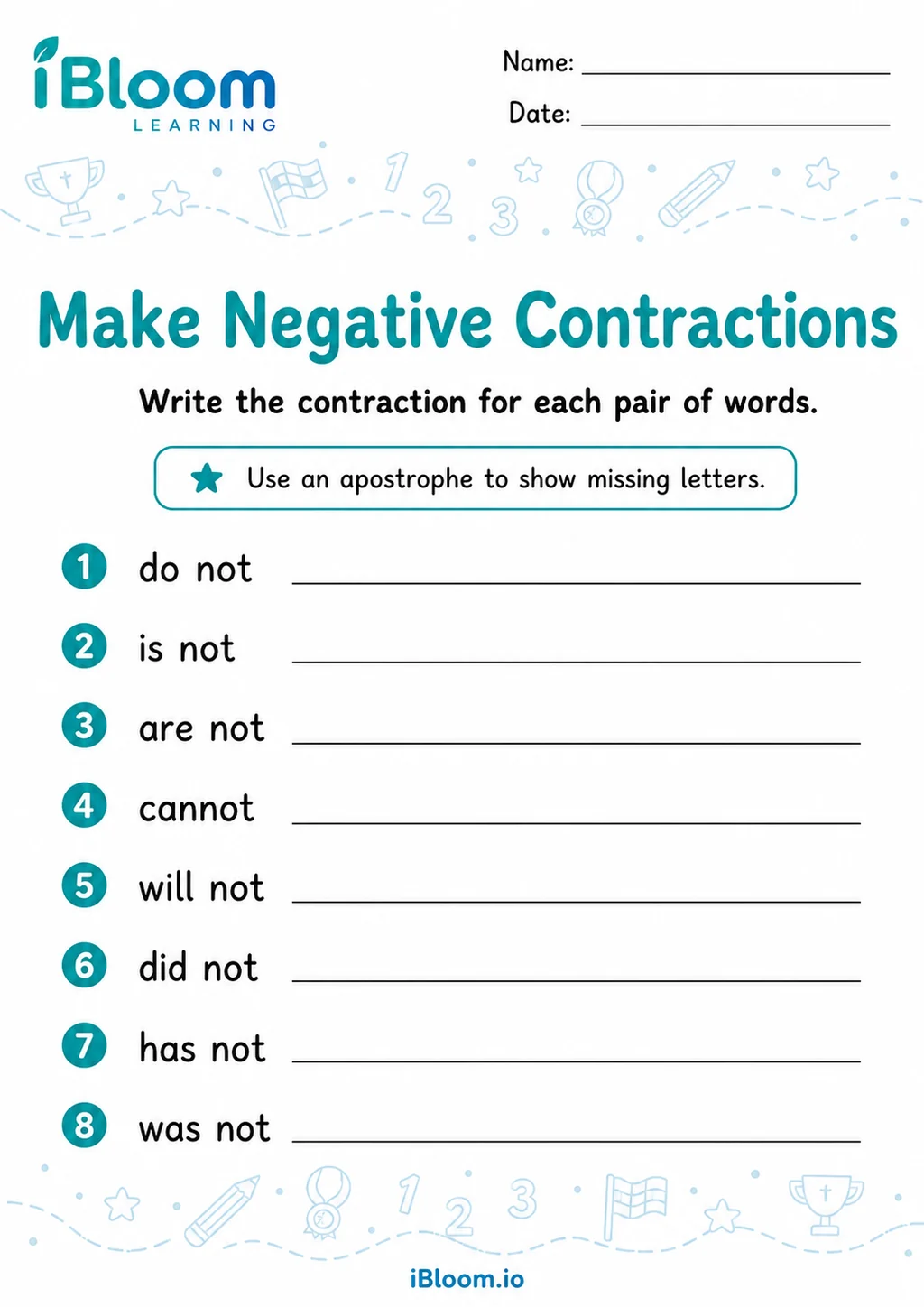Preview page 1 of Negative Contractions — Guided Completion