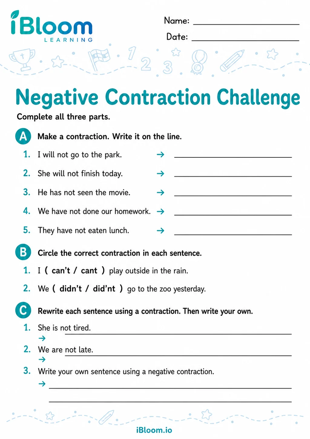 Preview page 1 of Negative Contractions — Mixed Review and Challenge