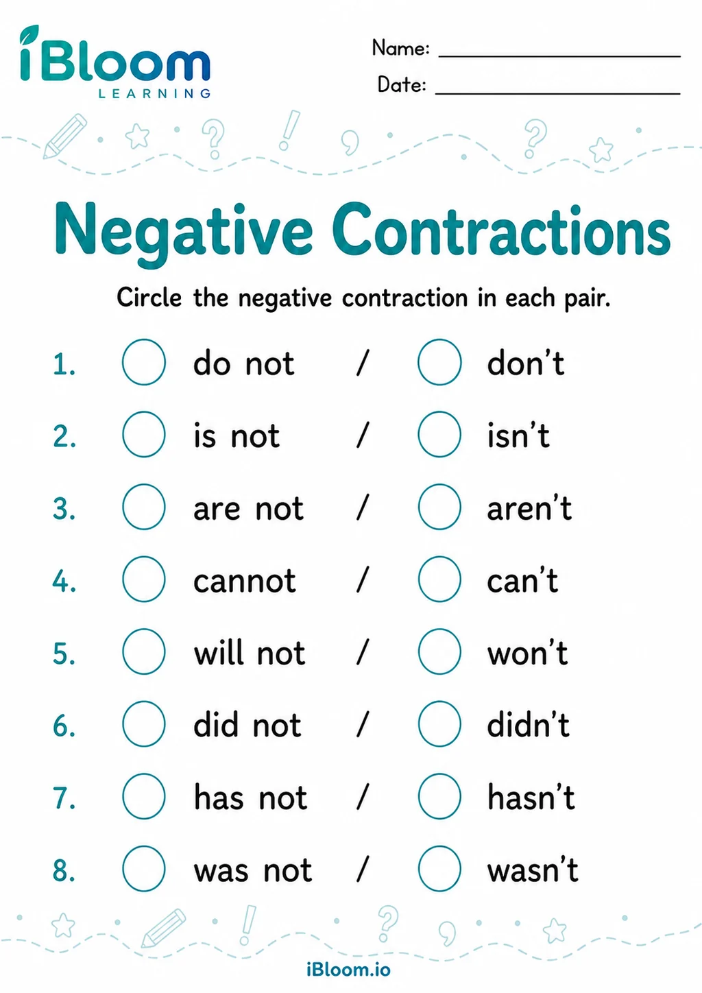 Preview page 1 of Negative Contractions — Recognize the Skill