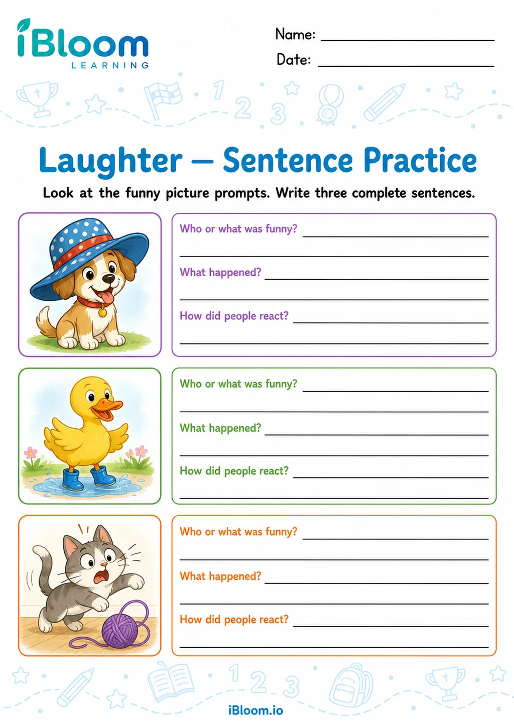 Preview of Laughter — Sentence Practice worksheet