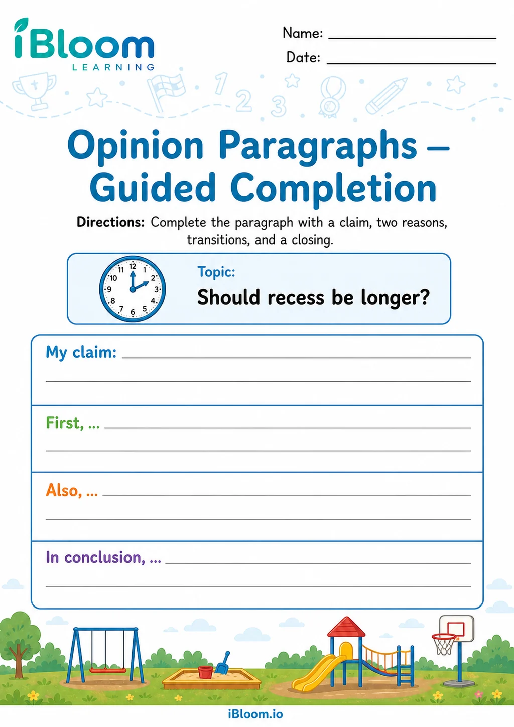 Preview page 1 of Opinion Paragraphs — Guided Completion