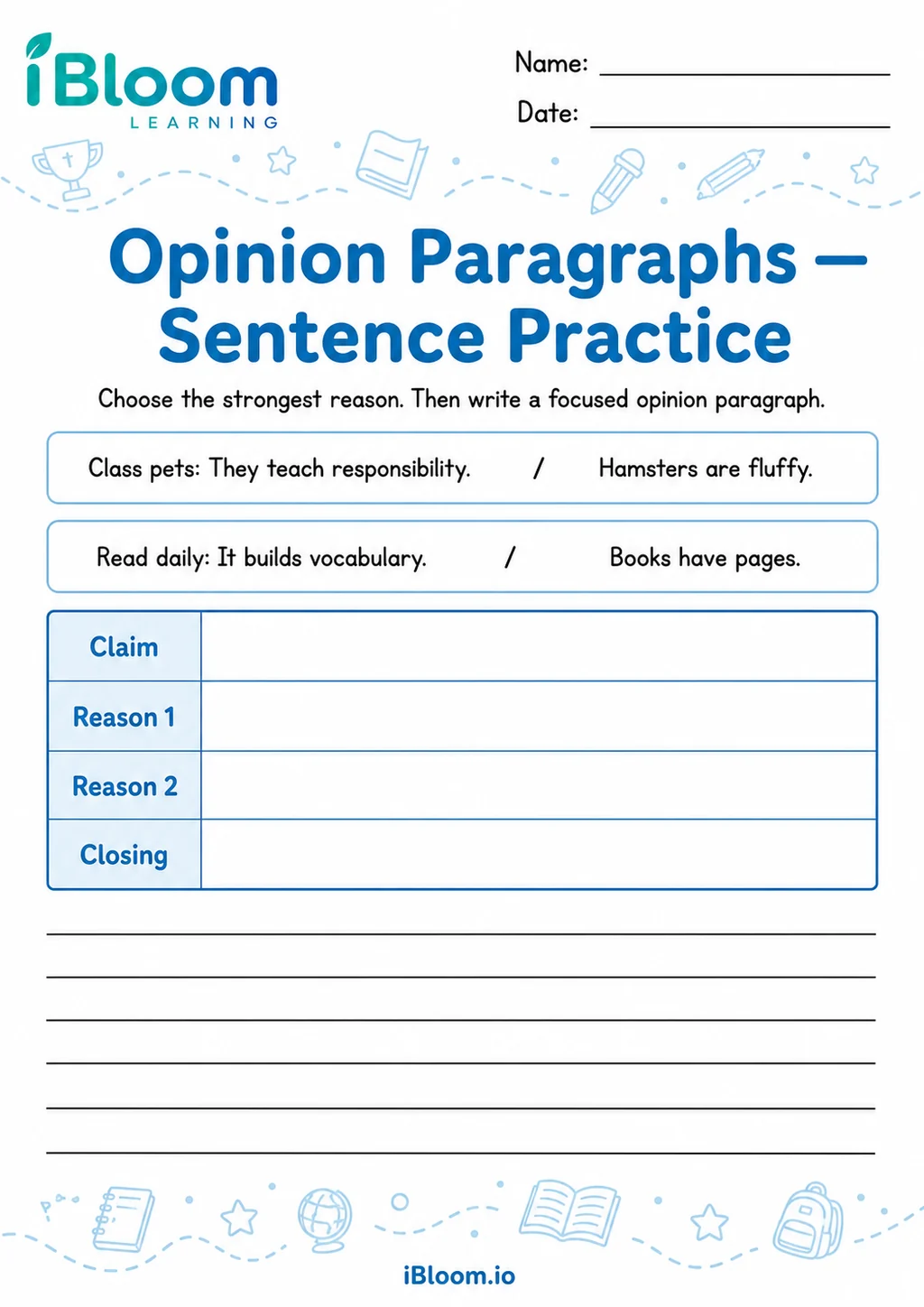 Preview of Opinion Paragraphs — Sentence Practice worksheet