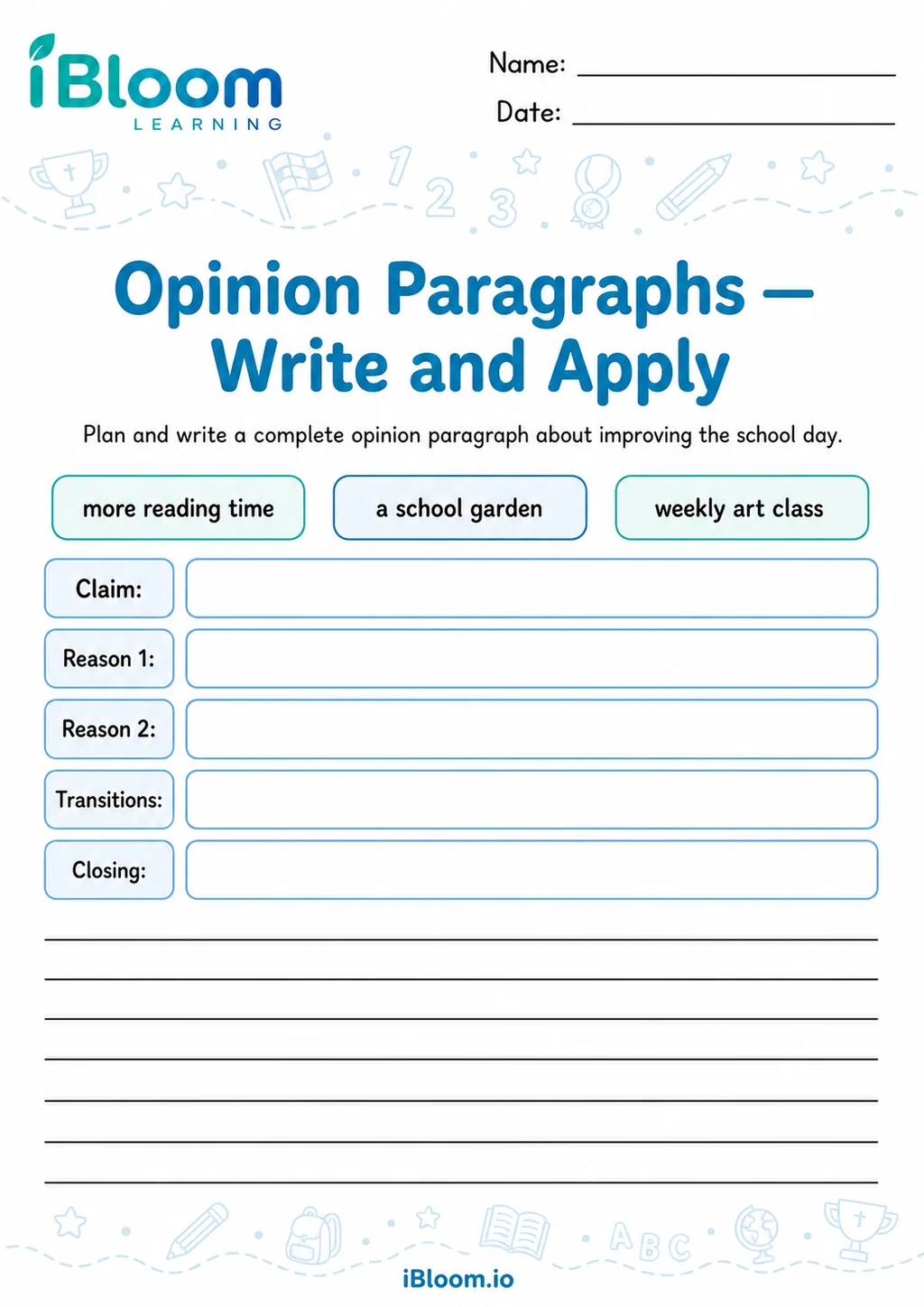 Preview page 1 of Opinion Paragraphs — Write and Apply