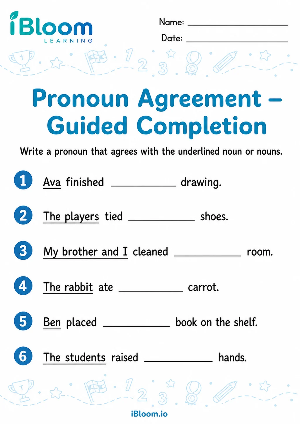 Preview page 1 of Pronoun Agreement — Guided Completion