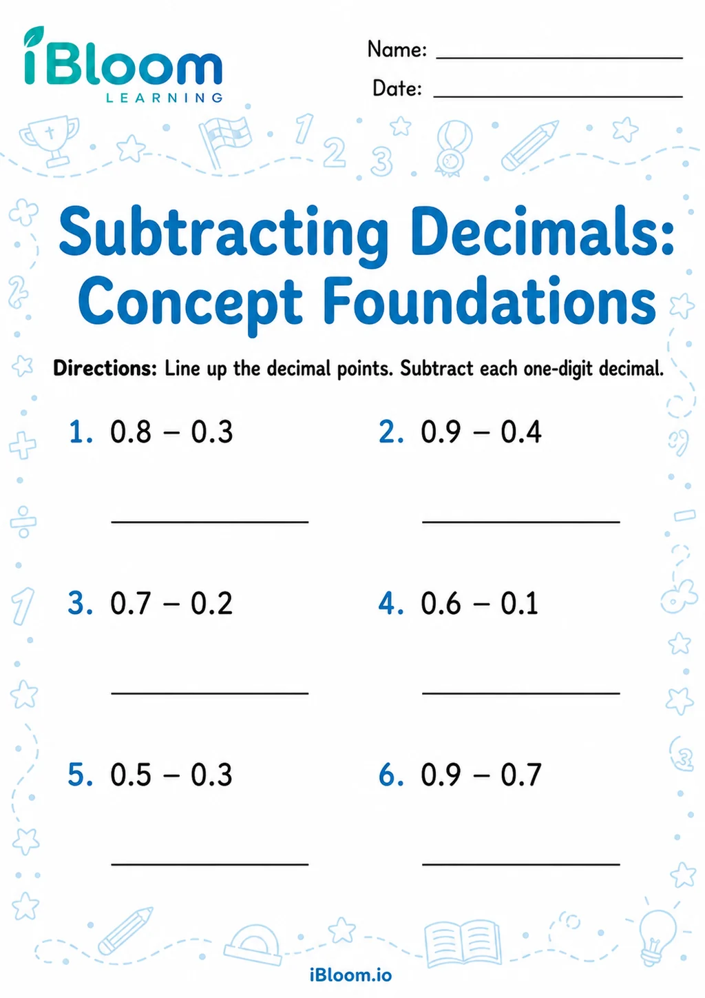 Preview page 1 of Subtracting Decimals 1 Digit — Concept Foundations