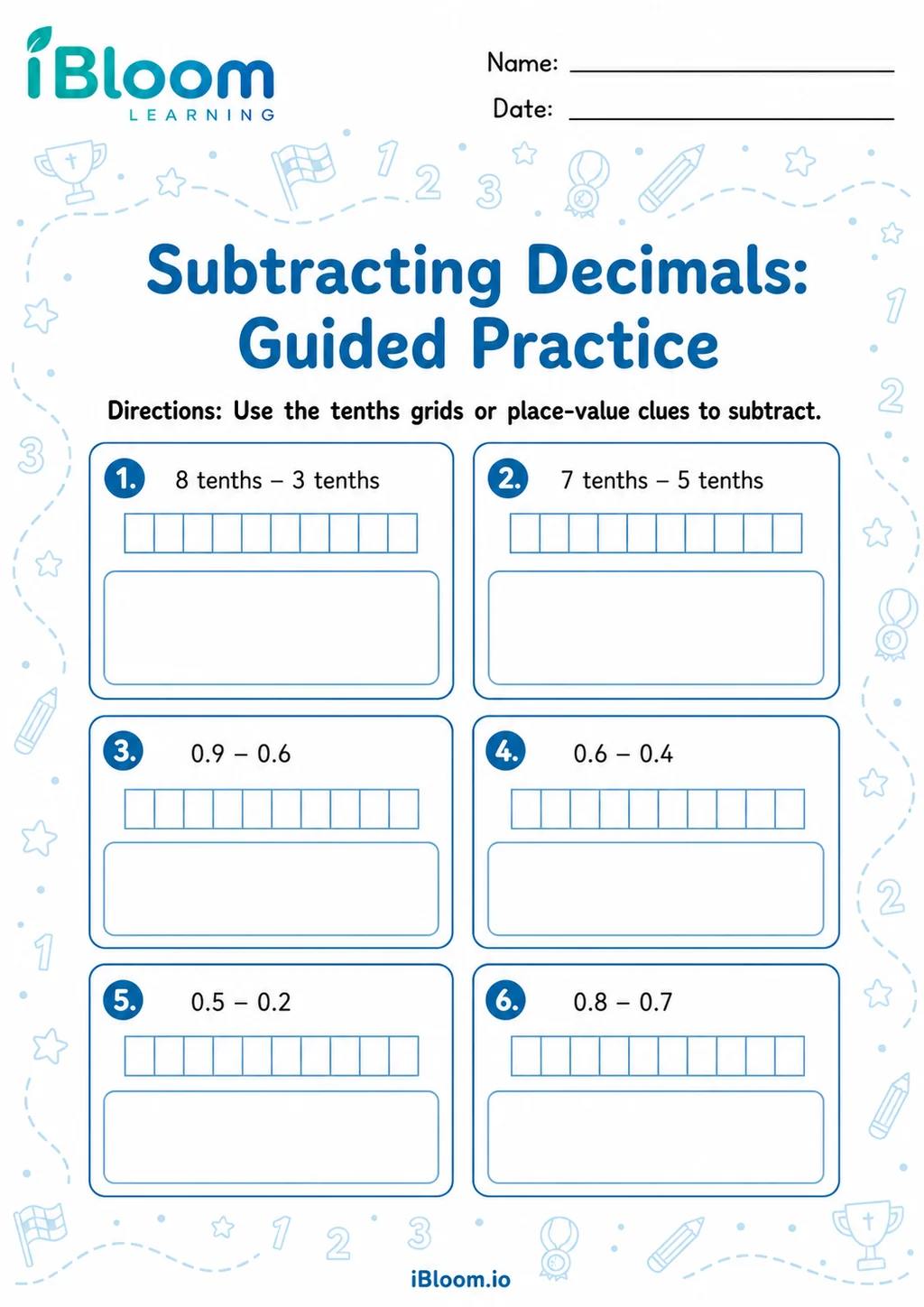 Preview of Subtracting Decimals 1 Digit — Guided Practice worksheet