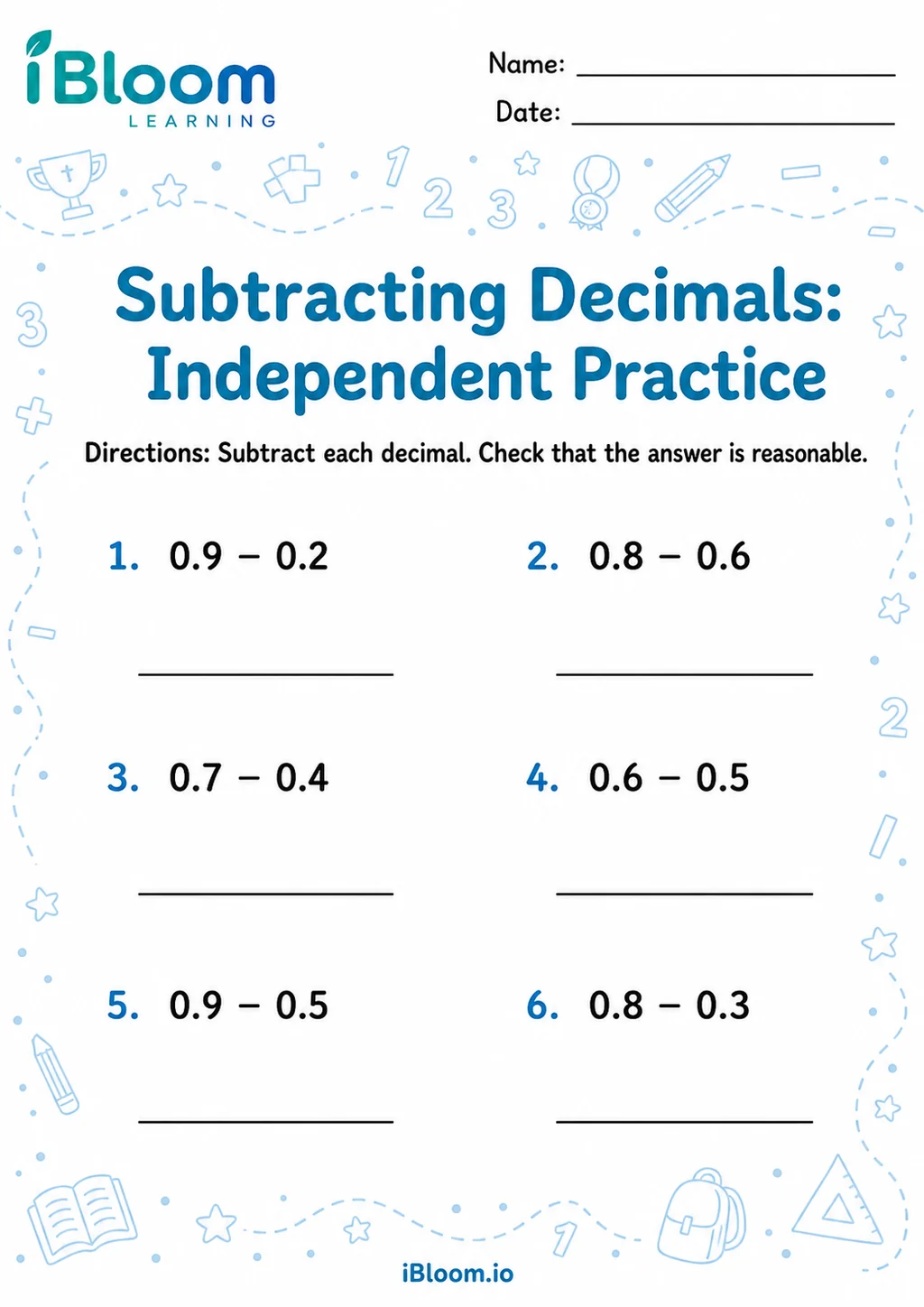 Preview of Subtracting Decimals 1 Digit — Independent Practice worksheet
