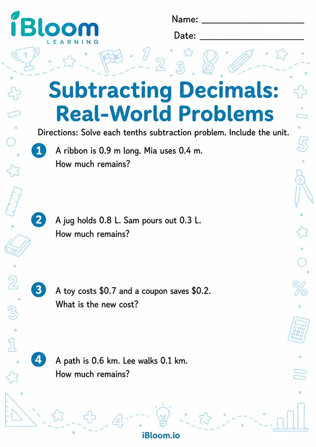 Preview page 1 of Subtracting Decimals 1 Digit — Real-World Problems