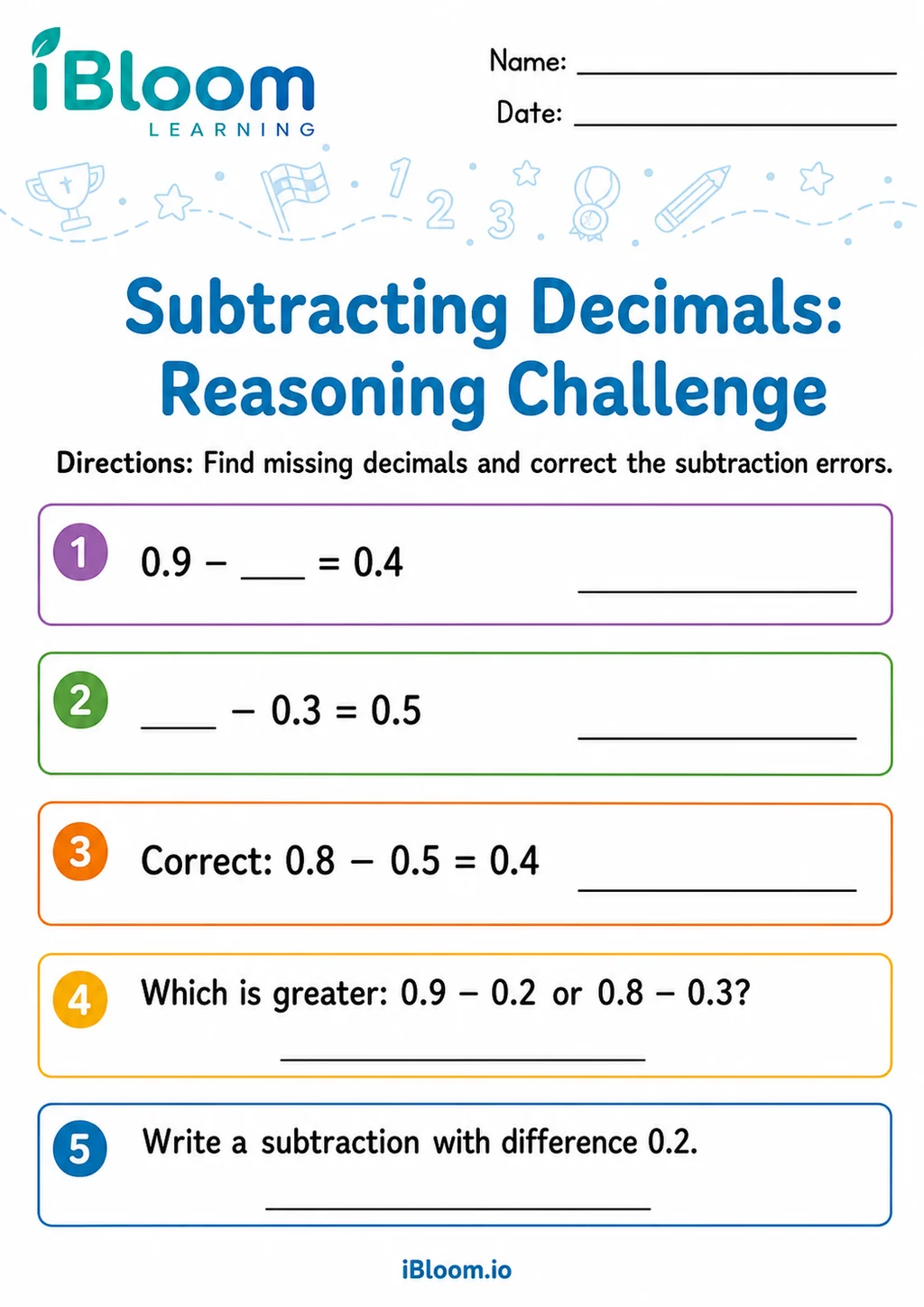 Preview of Subtracting Decimals 1 Digit — Reasoning Challenge worksheet