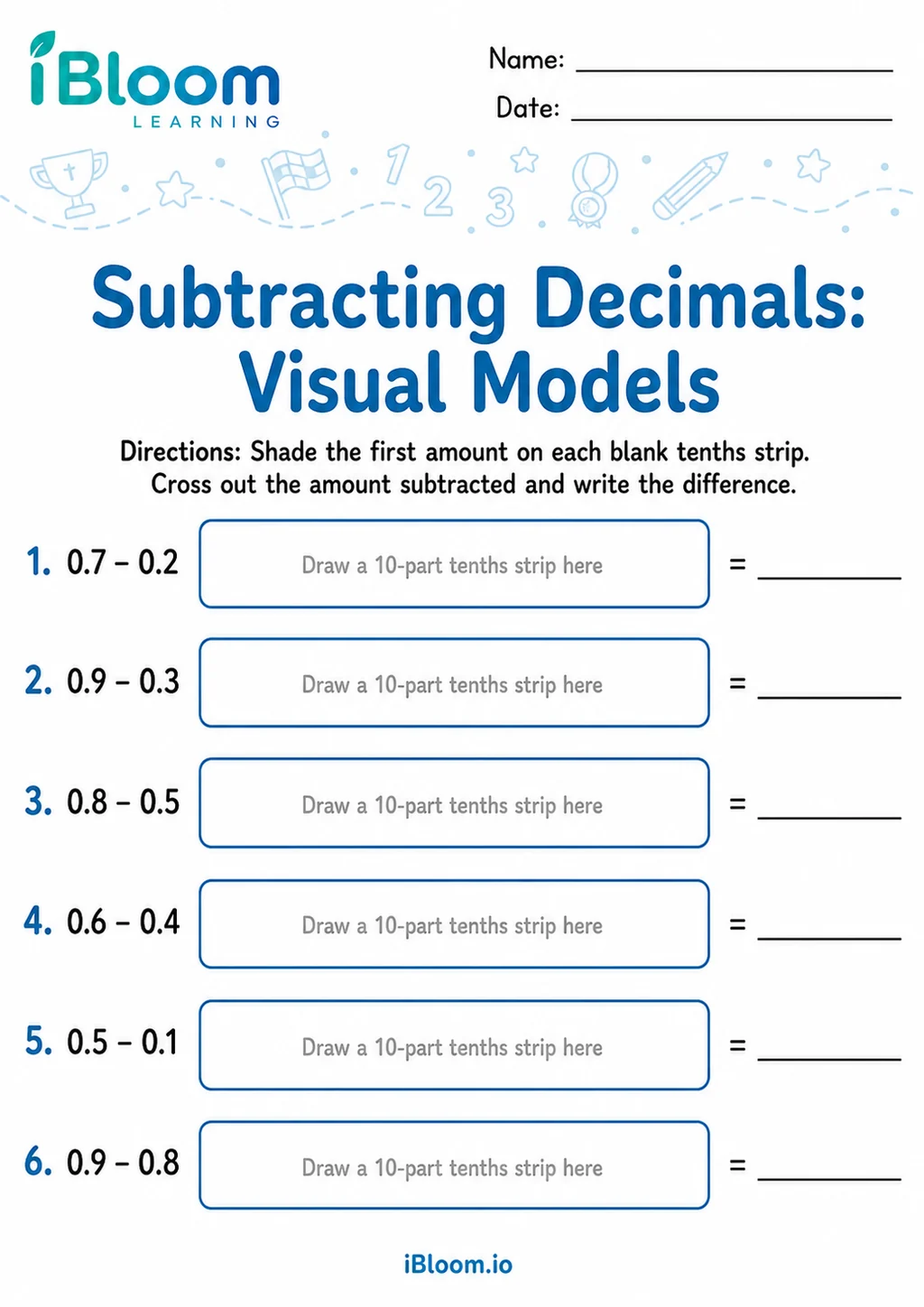 Preview page 1 of Subtracting Decimals 1 Digit — Visual Models