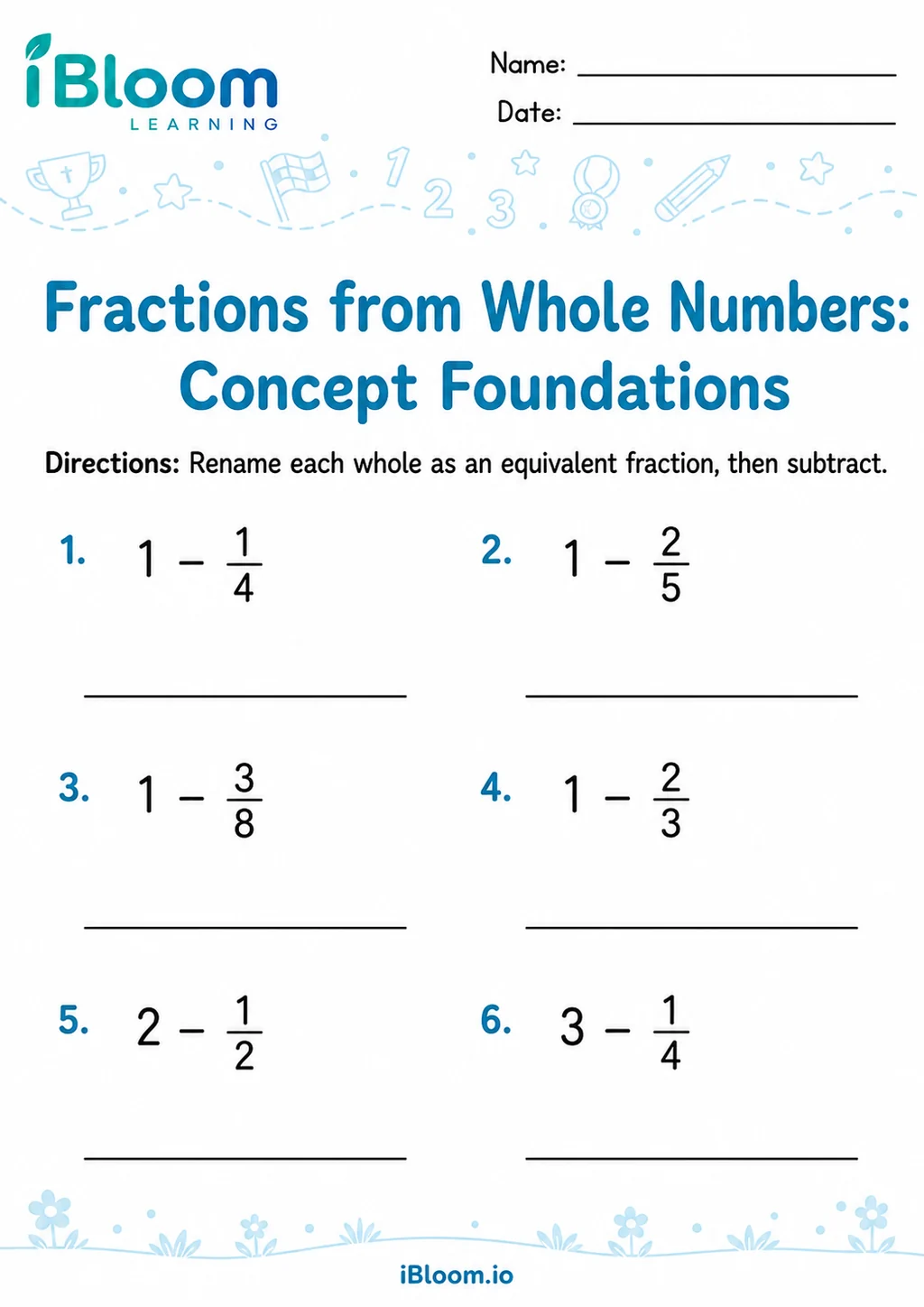 Preview page 1 of Subtracting Fractions From Whole Numbers — Concept Foundations