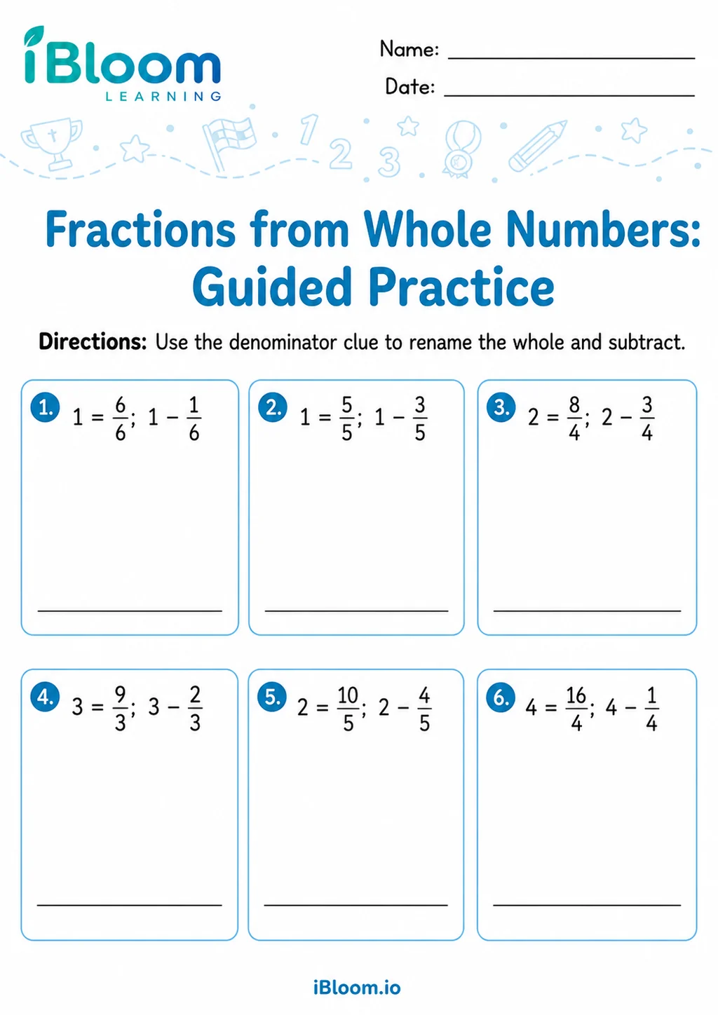 Preview page 1 of Subtracting Fractions From Whole Numbers — Guided Practice
