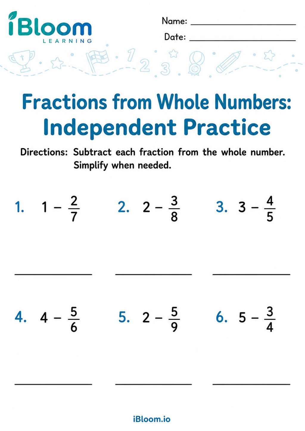 Preview page 1 of Subtracting Fractions From Whole Numbers — Independent Practice