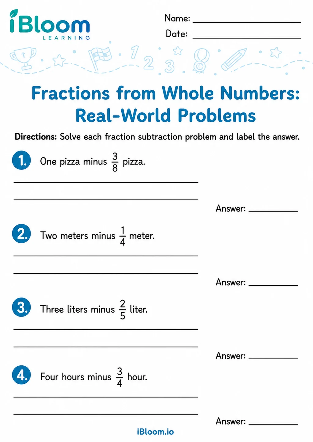 Subtracting Fractions From Whole Numbers — Real-World Problems printable Grade 3 worksheet preview