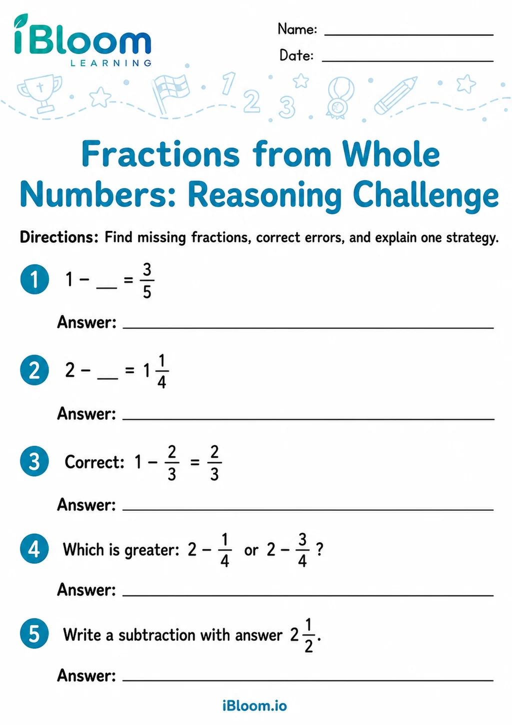 Preview page 1 of Subtracting Fractions From Whole Numbers — Reasoning Challenge
